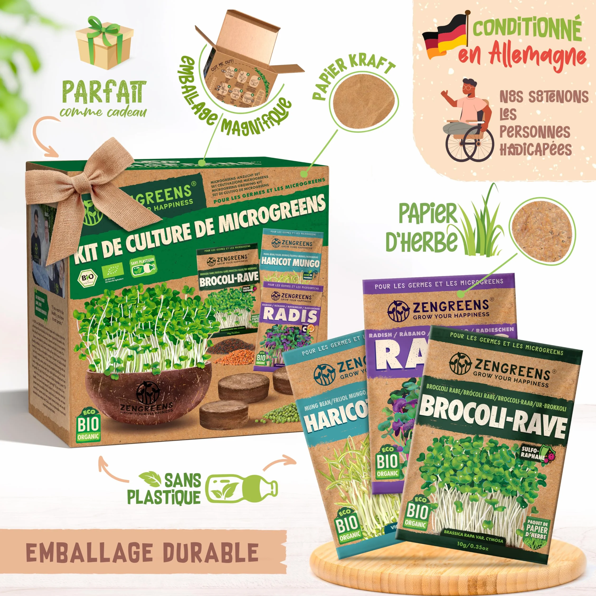 Kit de germoir pour microgreens Bio - Germoir en Coco - Inclus: coupelle, pastilles et graines (Brocoli, Radis, Haricot Mungo)