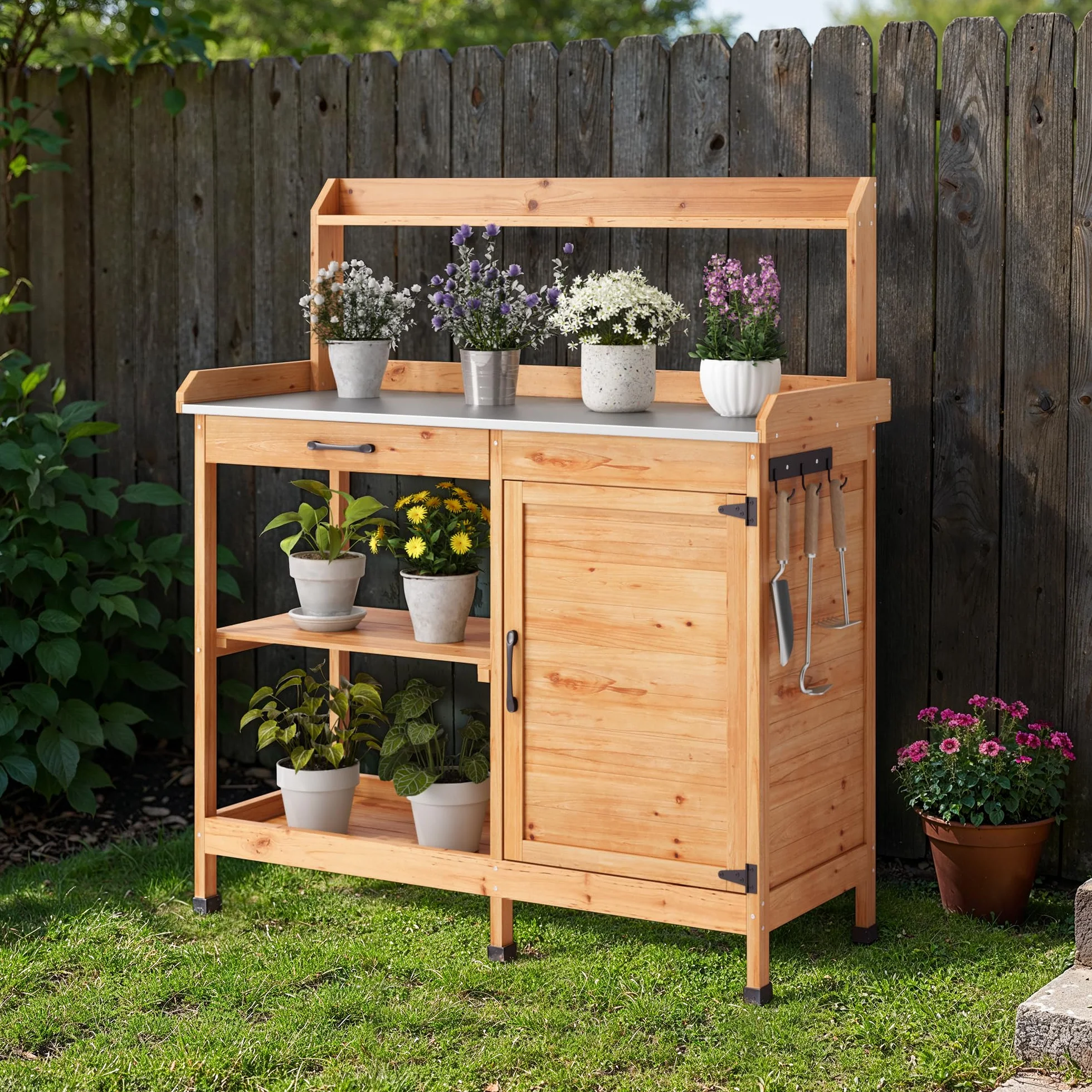 Table de Jardinage en Bois avec Plan de Travail Galvanisé 112x46x125 cm Naturel