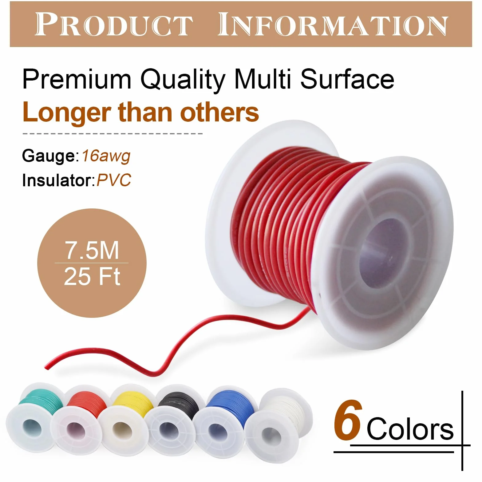 Fil électrique en PVC-1,3mm² 16AWG Kit de Fil Electrique en PVC Total 45mètres (6 Coloris Chaque Couleur 7,5 mètres) Fils Isolés en Fil de Cuivre étamé-Kit de Fils Toronnés de Calibre 16 Pour DIY