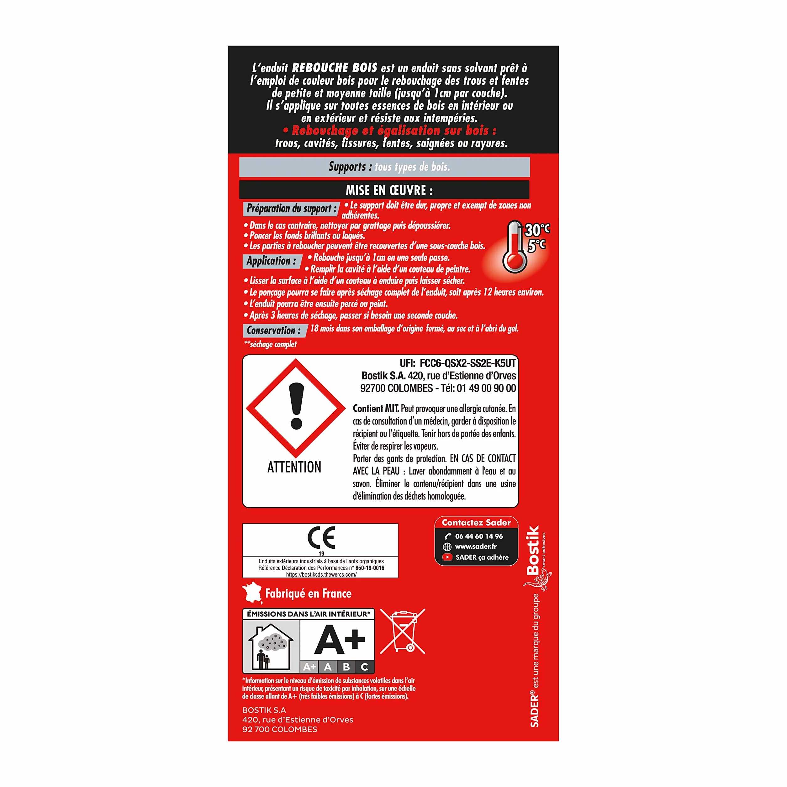 SADER - Sader Enduit de rebouchage bois - Conditionnement 330GR