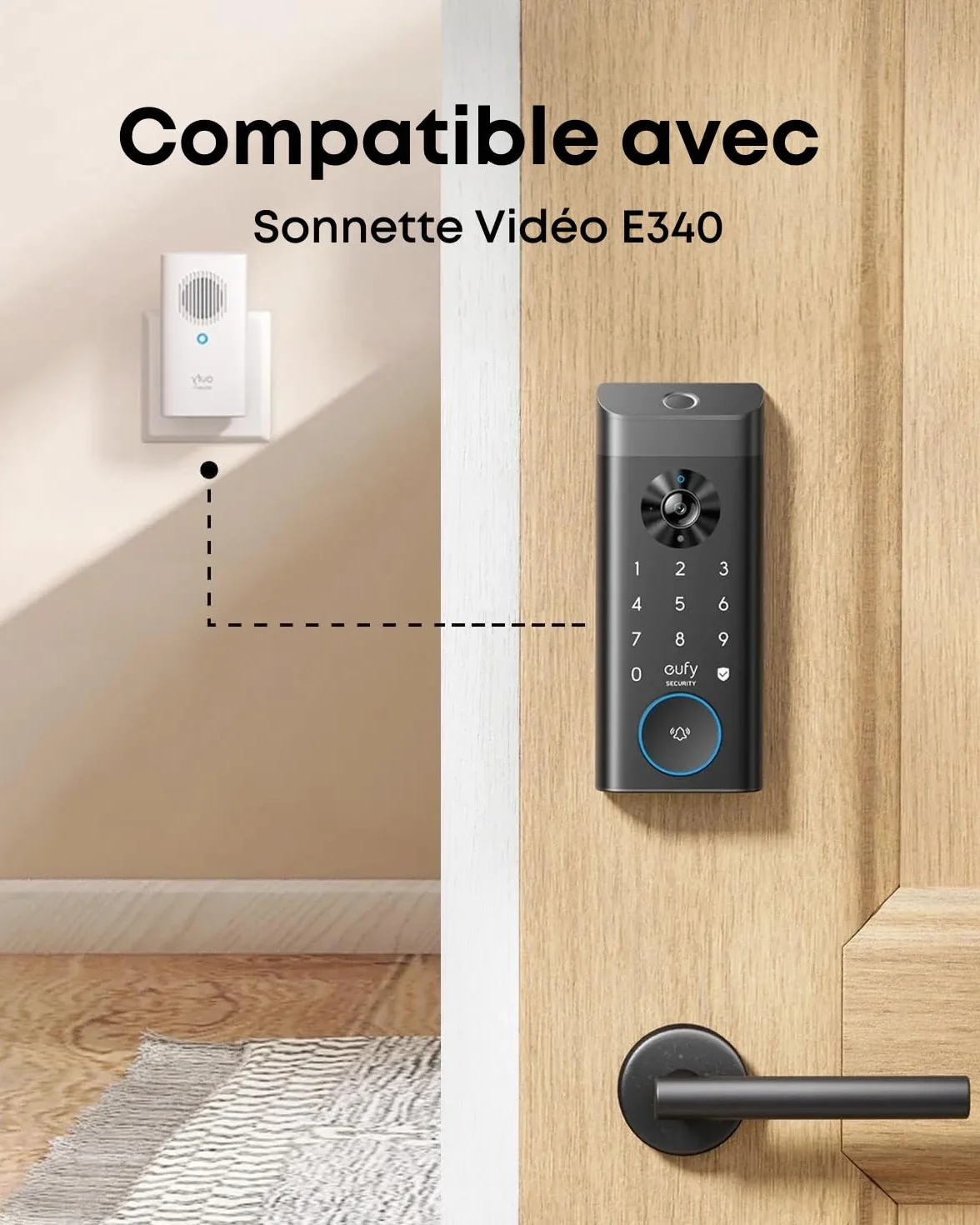 Carillon additionnel pour Sonnette vidéo eufy Security, Carillon intérieur, nécessite Une Sonnette vidéo E340, sans délai, Volume réglable, 8 sonneries