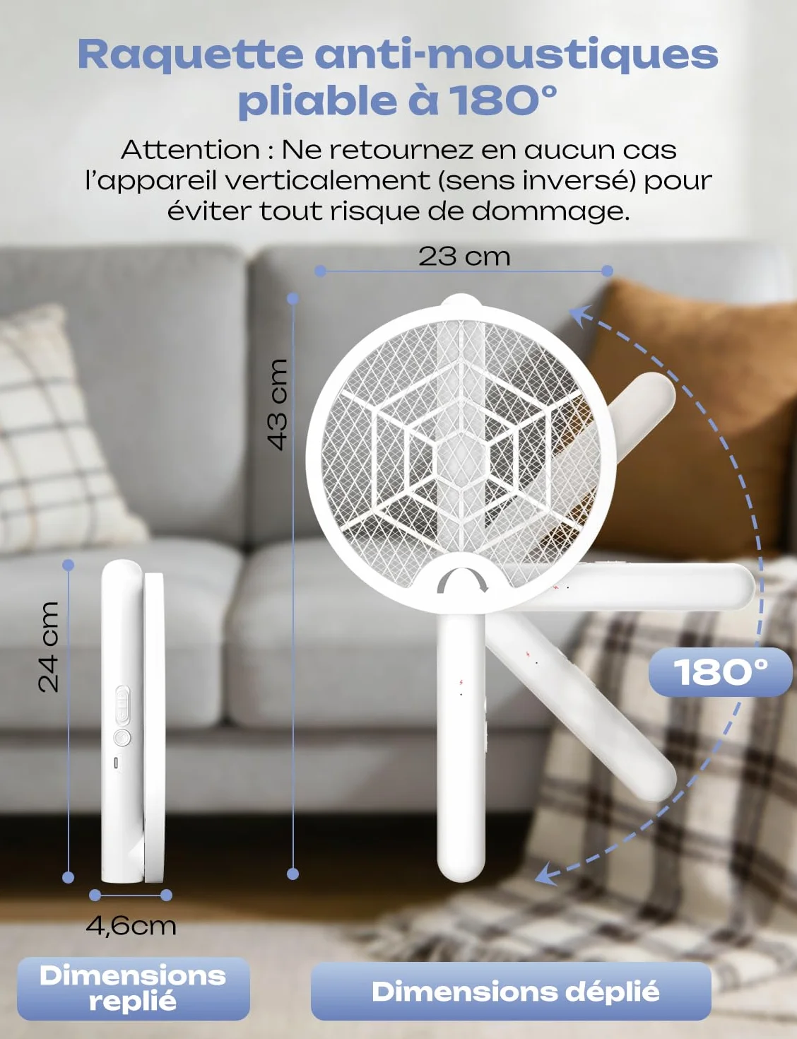 YISSVIC Raquette Electrique Anti Moustique 4000V 1800mAh Pliable Rechargeable USB-C