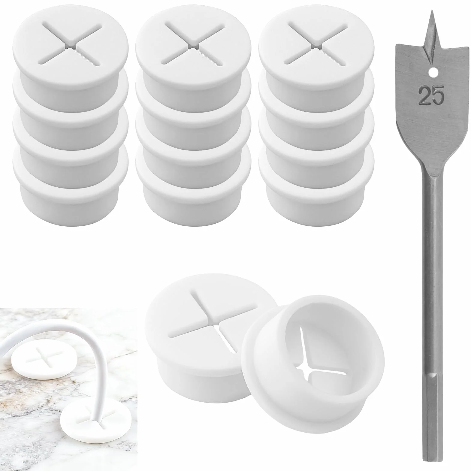 Lot de 12 passe-câbles en silicone de 25 mm avec 1 foret - Pour bureau, école, ordinateur, bureau - Blanc