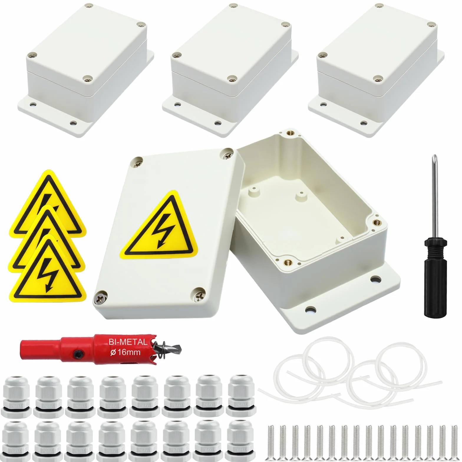 4 boîtes de jonction, IP67 Boîte de dérivation blanche étanche, Boîte de distribution apparente, boîtier électronique avec 16 presse-étoupes, plaques de sécurité, scie cloche 16 mm, tournevis