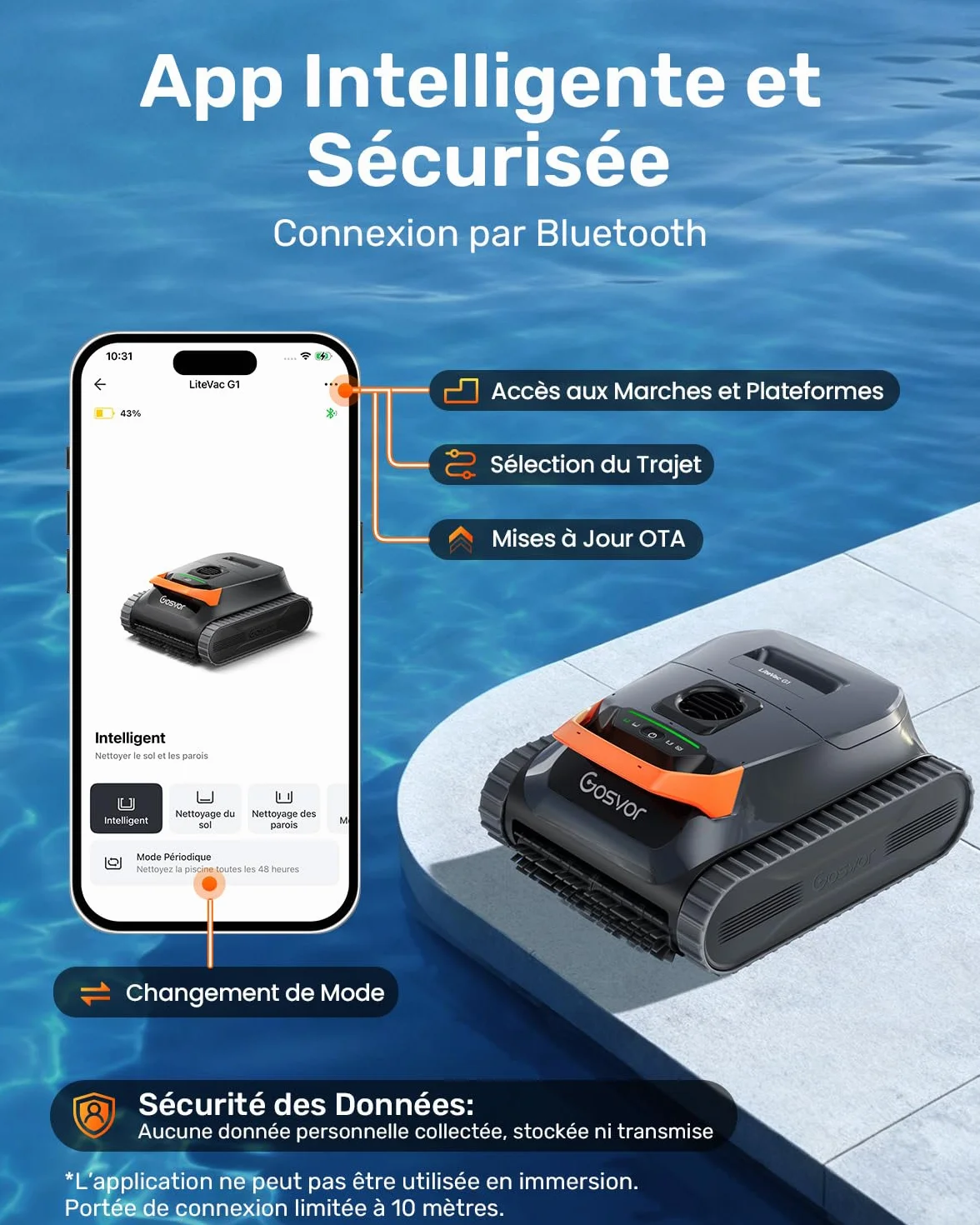 Gosvor LiteVac G1 Robot Piscine Sans Fil Fond et Parois, Navigation WavePath, Filtration 3 μm, 4-en-1, Aspiration 15 000 L/h, Contrôle App, jusqu'à 200 m²