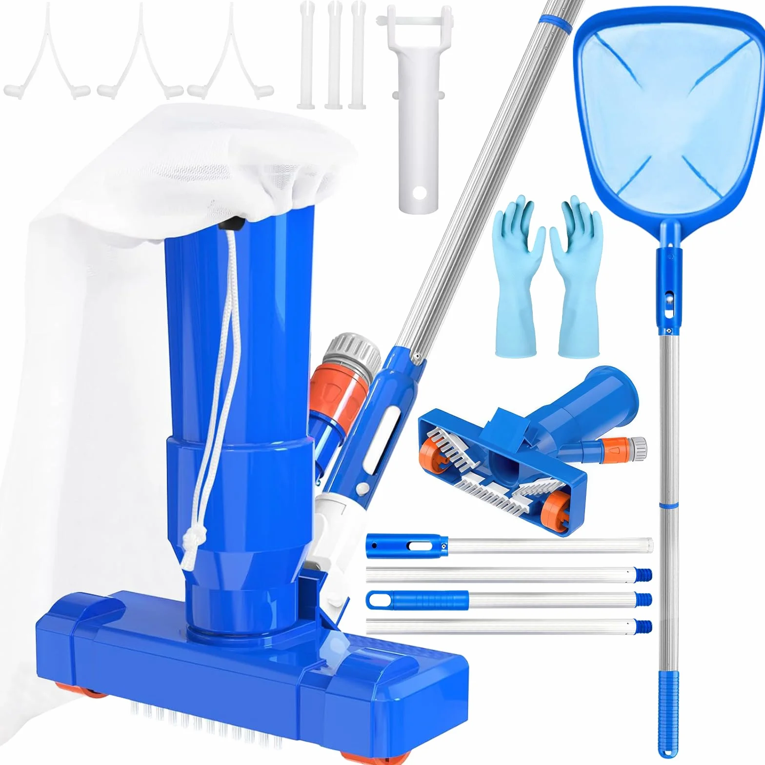 Aspirateur Piscine Portable avec Épuisette 168CM Nettoyeur à Jet 4 Tiges Amovible