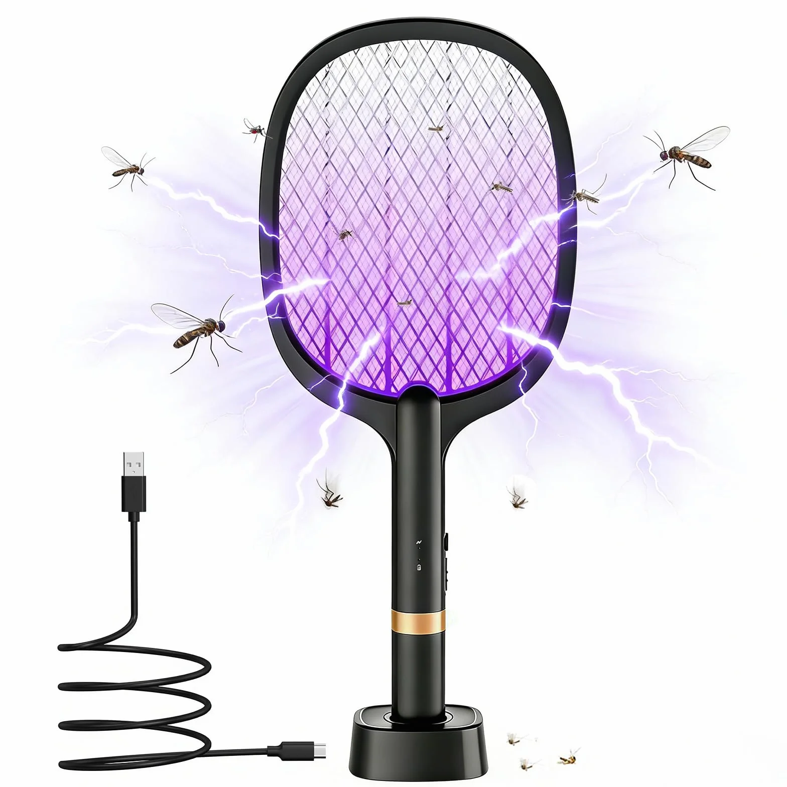 Raquette Anti Moustique Électrique 5000V Rechargeable USB-C avec Base Batterie 2000mAh Noir