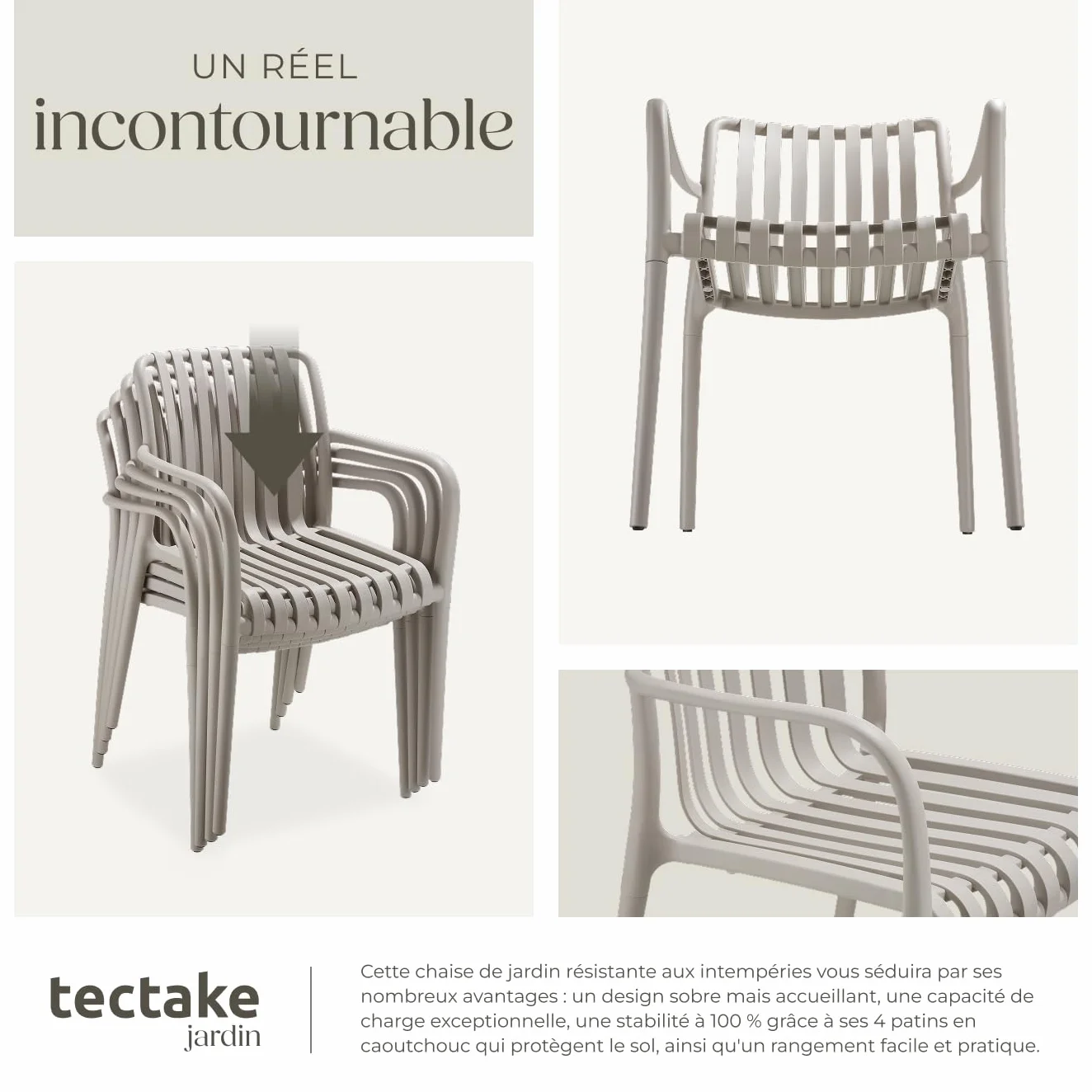 Tectake Lot de 4 Chaise de Jardin Fauteuil Salon extérieur empilable avec Accoudoirs résistant aux intempéries