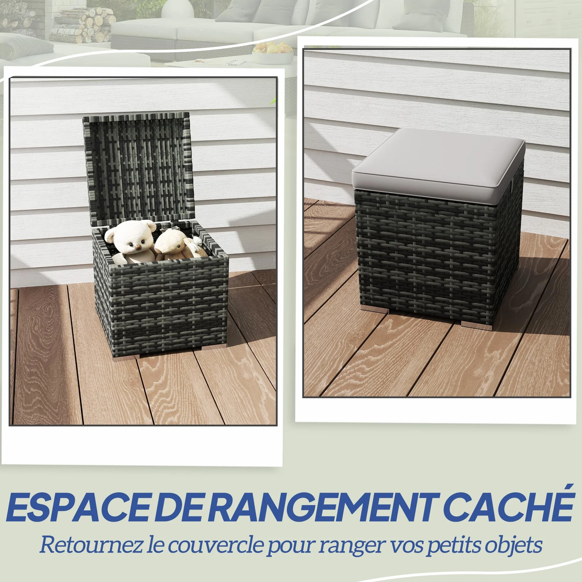 Outsunny Lot de 2 Tabourets avec Rangement en Rotin PE, Pouf Jardin 40x40x41 cm Gris Clair