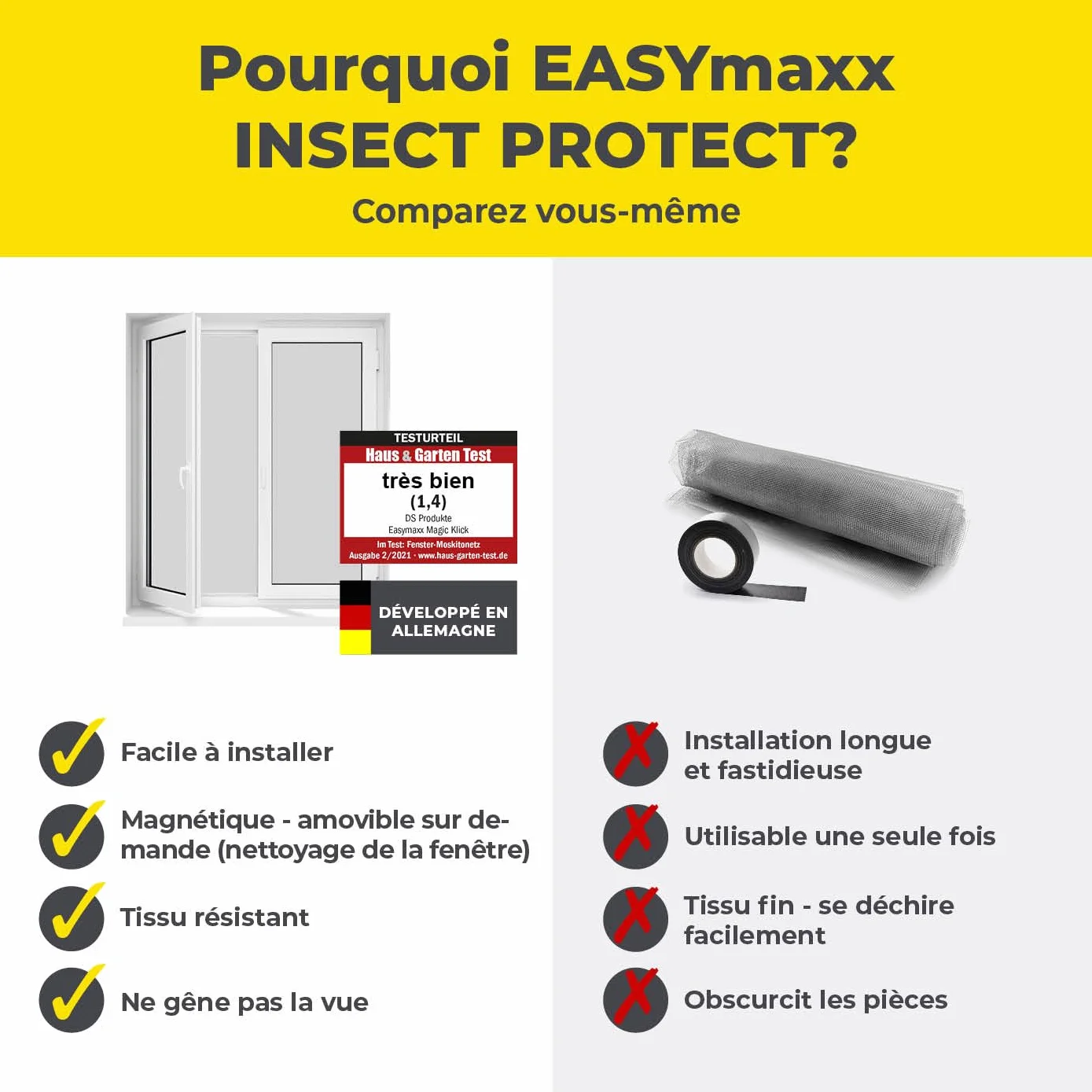EASYmaxx Moustiquaire de fenêtre avec Magic Click | Peut être découpée individuellement pour toutes les fenêtres jusqu'à 150 x 130 cm | Montage avec 12 aimants - pas de perçage ni de vissage [Noir]