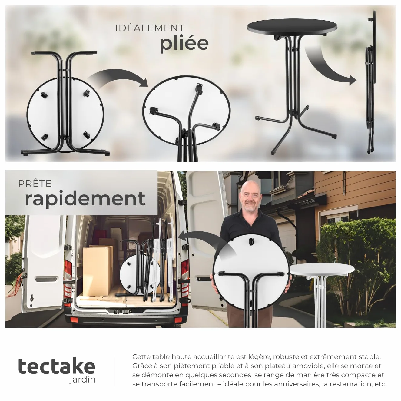 Tectake Table de Bar Ronde Pliante Acier laqué Ø 90cm x 110 cm Housse Incluse