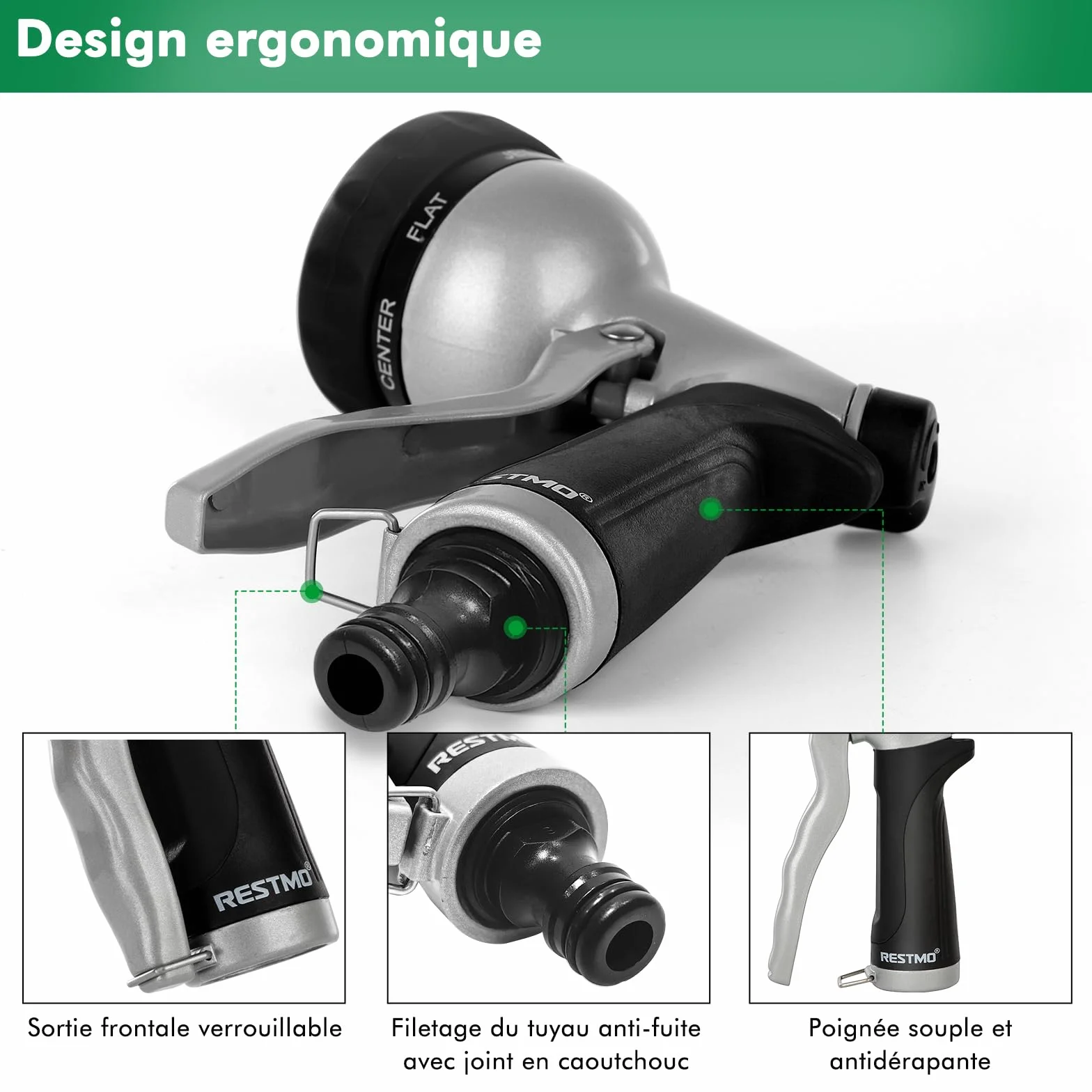 RESTMO Pistolet d'arrosage de Jardin Métal Pulvérisateur de Tuyau 7 Modèles Débit d'eau Réglable Noir