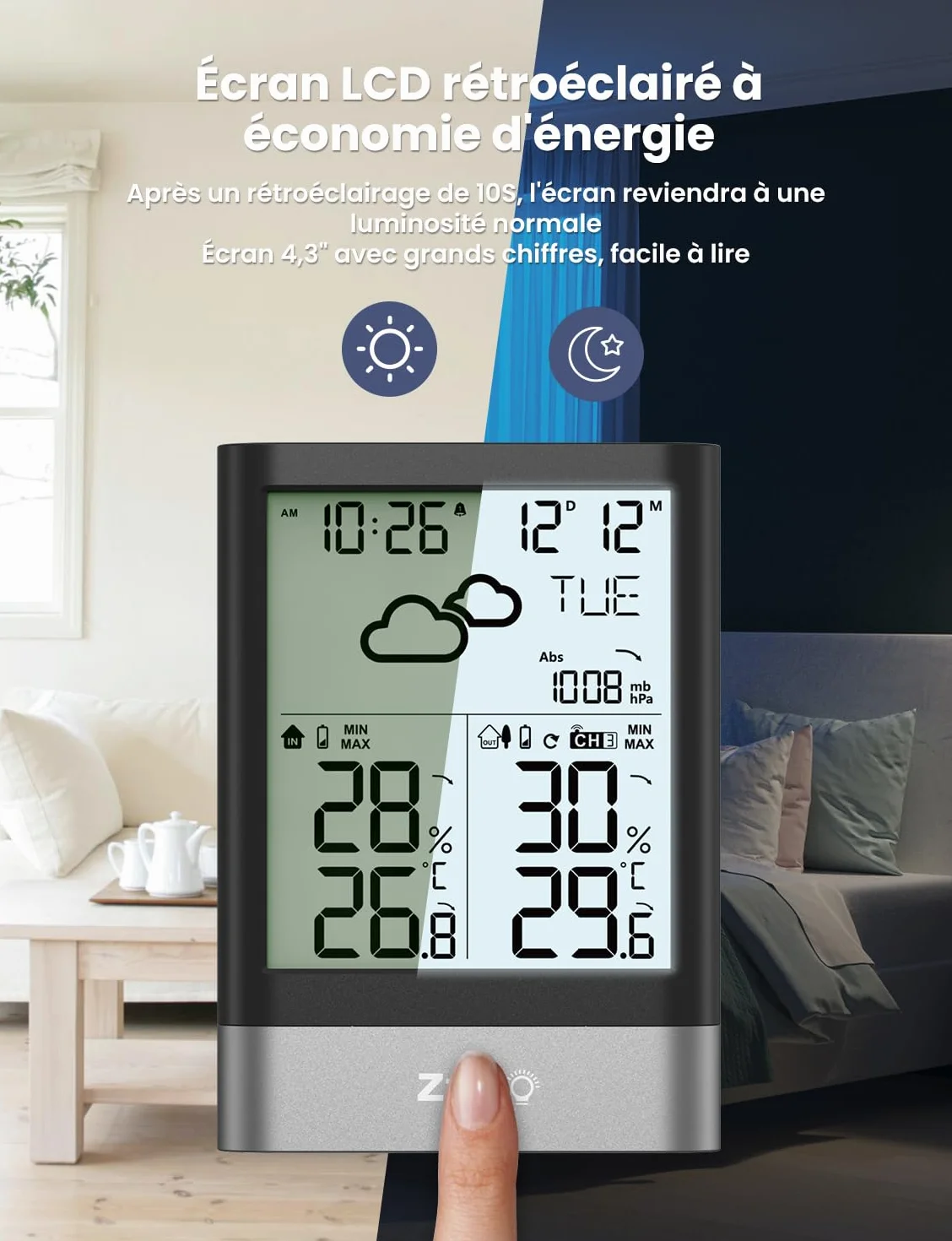 LIORQUE Station Météo Sans Fil avec Capteur Thermomètre Hygromètre Baromètre Extérieure LCD Horloge Alarme Snooze
