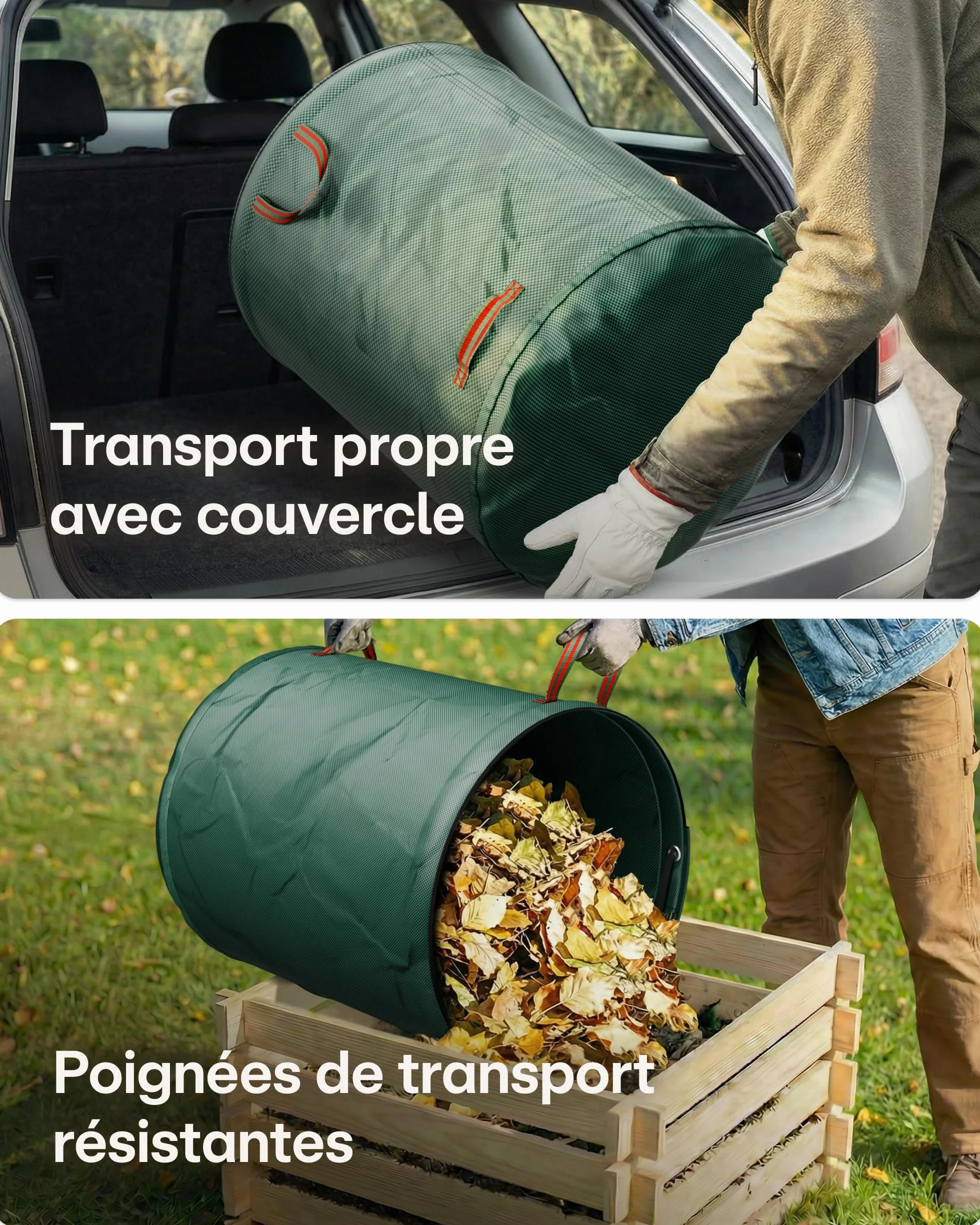 Sac Jardin Déchets Verts 500L avec Couvercle - Sac Jardinage Réutilisable 4 Poignées - Pliable
