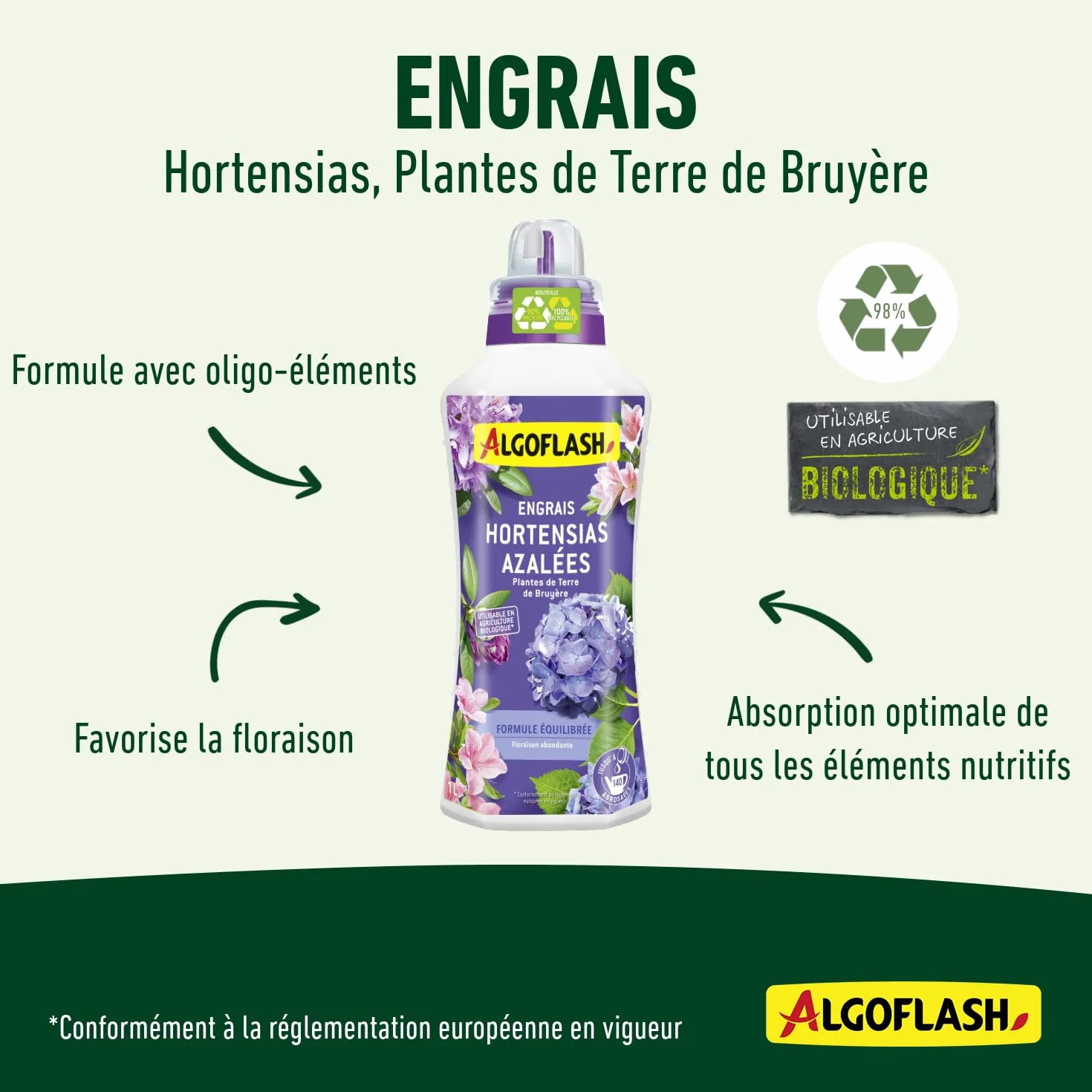 Algoflash Engrais Liquide Hortensias Terre de Bruyère 1 L Agriculture Biologique