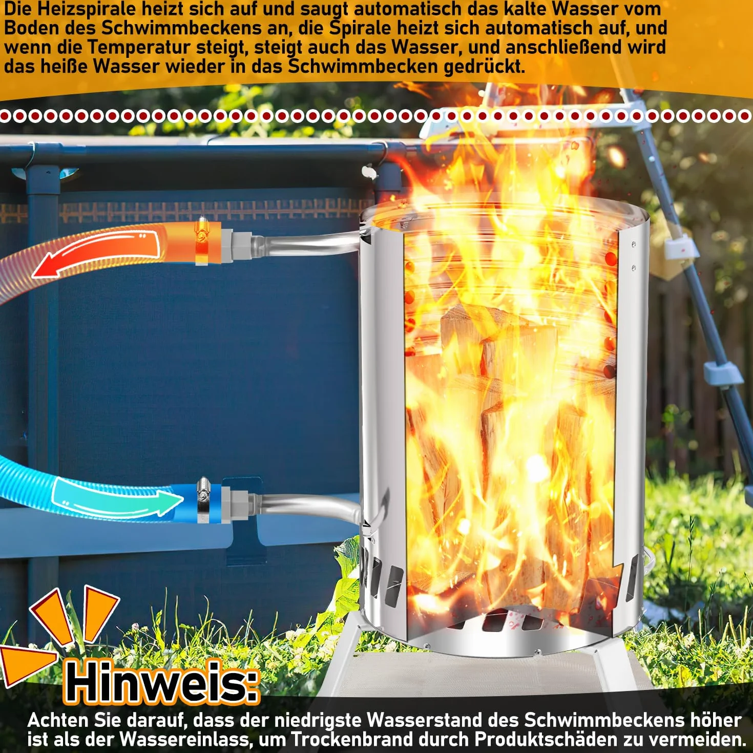 Chauffage de piscine à bois en acier inoxydable avec tonneau de feu 32-38 mm
