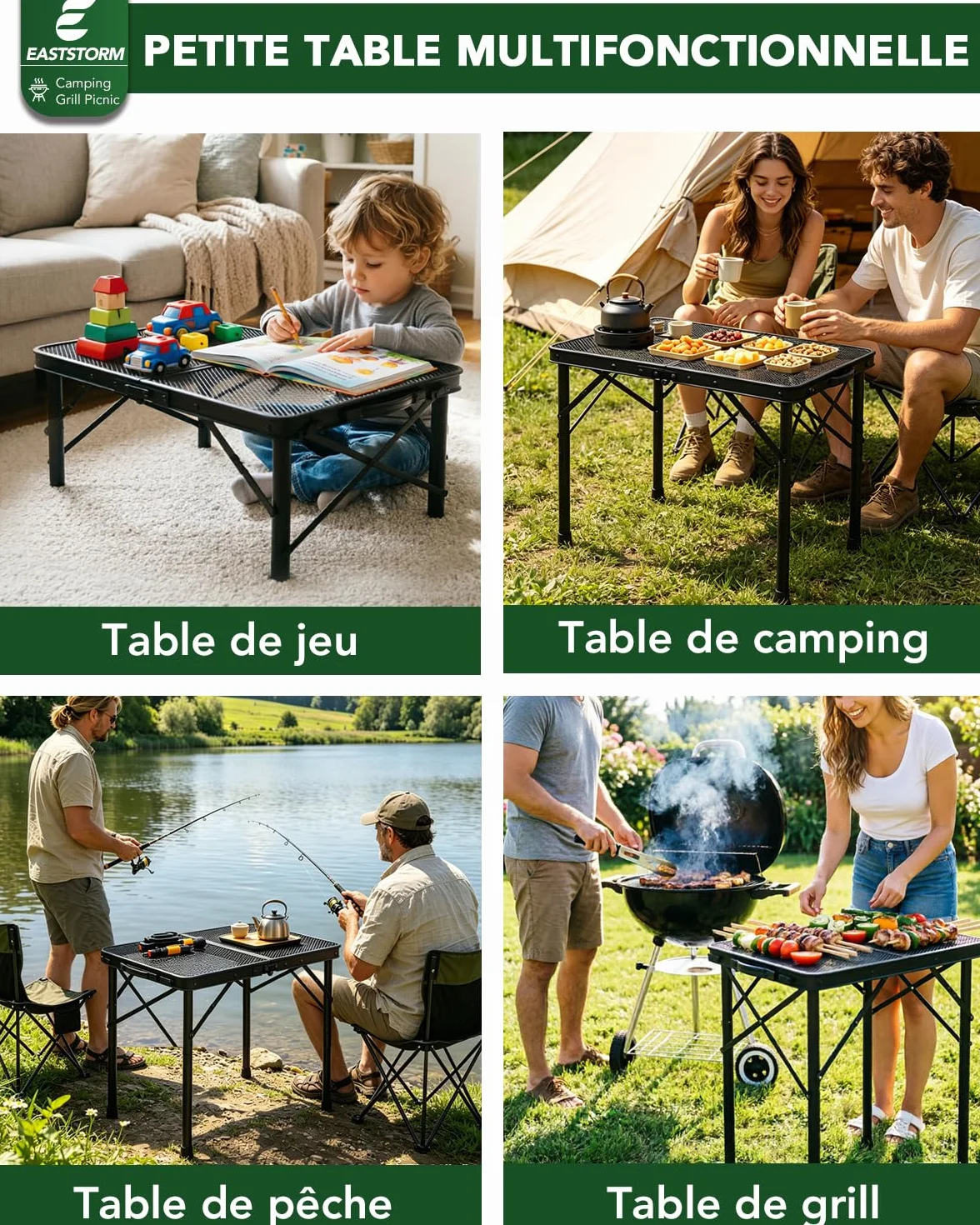 EASTSTORM Table de Camping Pliante 60×40cm, 2 Réglages de Hauteur, Grille Métallique pour Intérieur/Extérieur