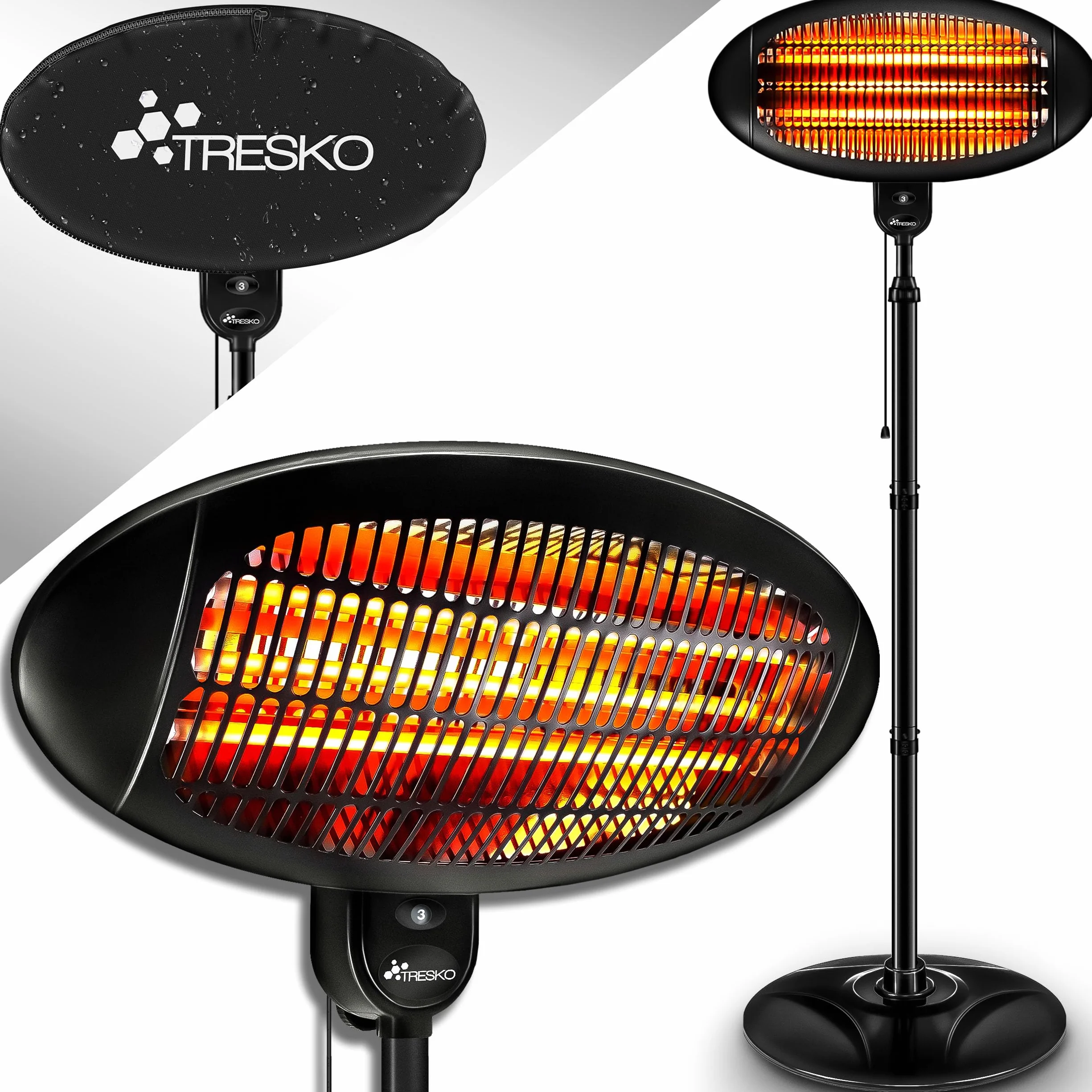 TRESKO Radiateur infrarouge sur pied 2000W Chauffage radiant électrique extérieur 3 Niveaux de Chaleur