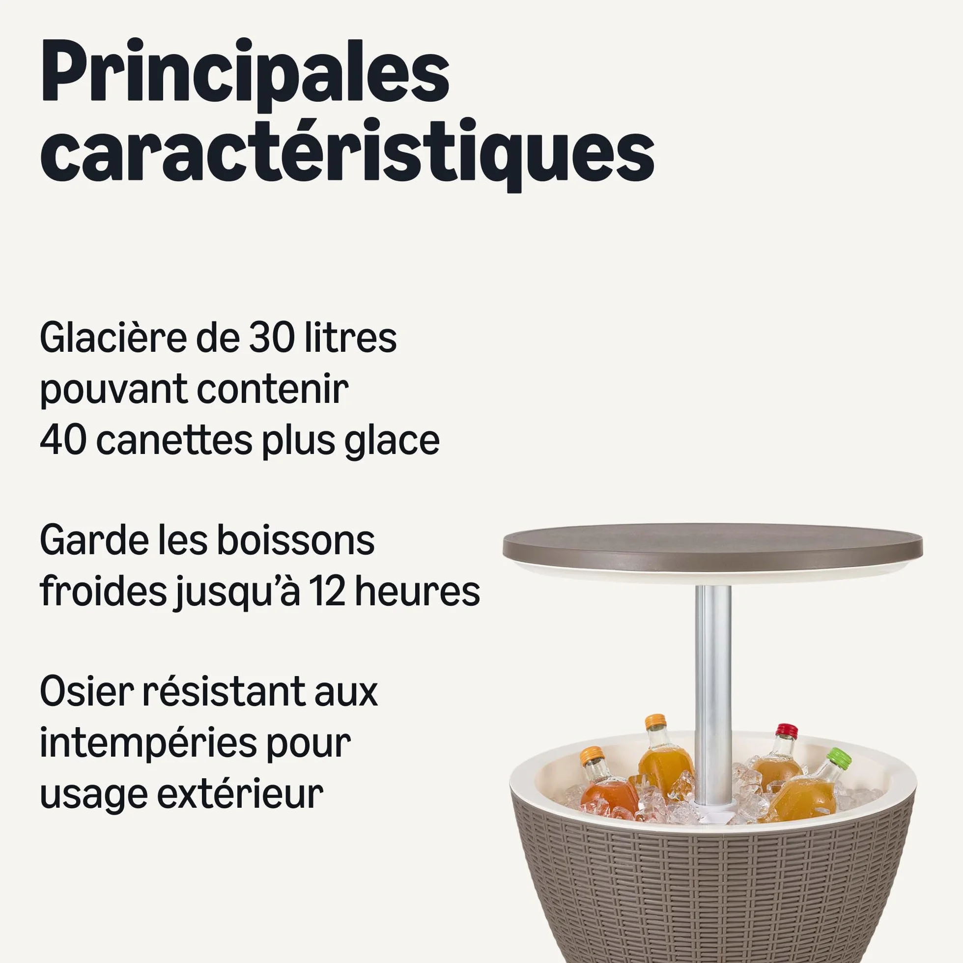 Amazon Basics Table De Bar pour Terrasse avec Glacière 30L, Osier, 48 x 48 x 57-82 cm, Marron