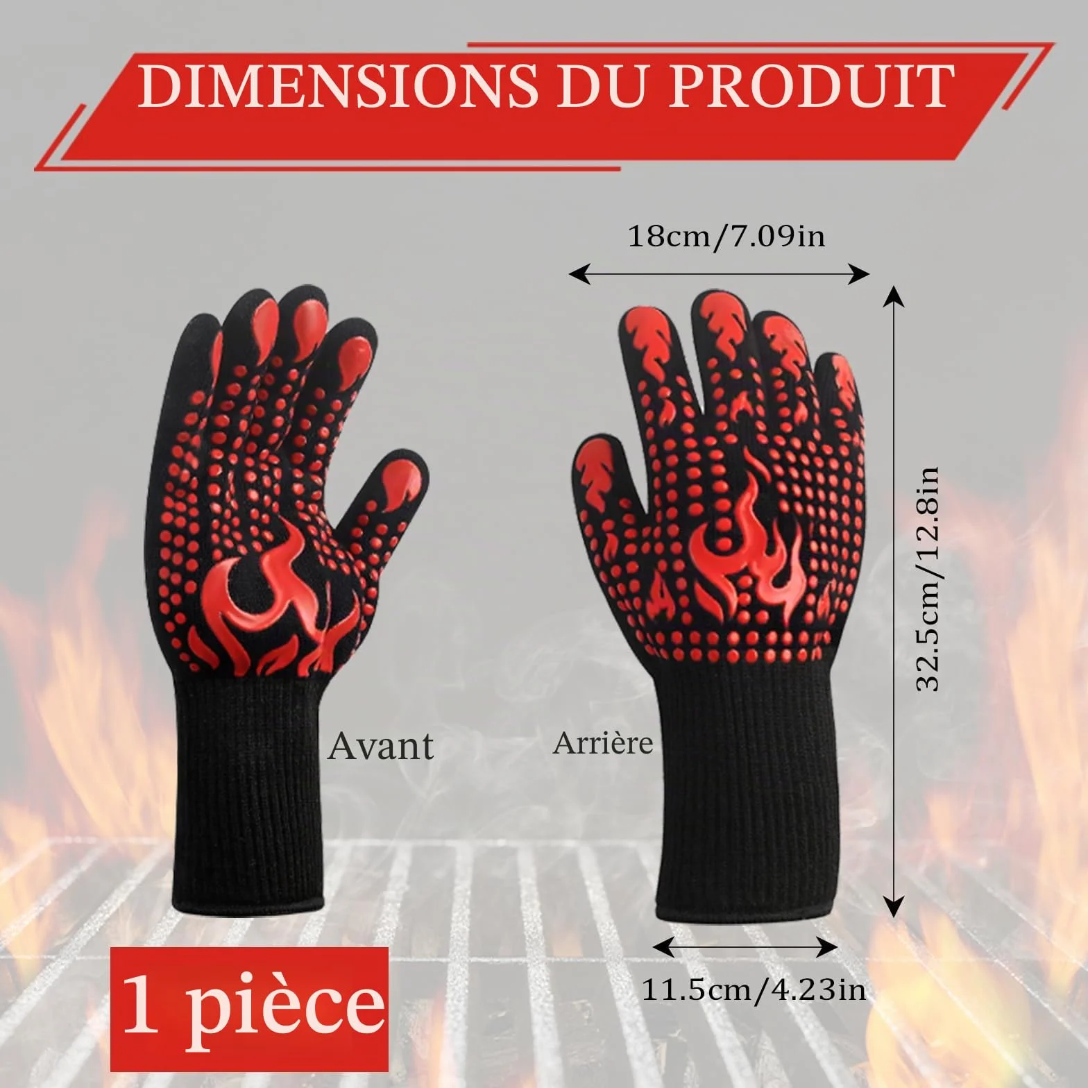 Gants de Barbecue Anti Chaleur 800°C, Gant de Cuisine Antidérapant pour BBQ, Four, Cheminée
