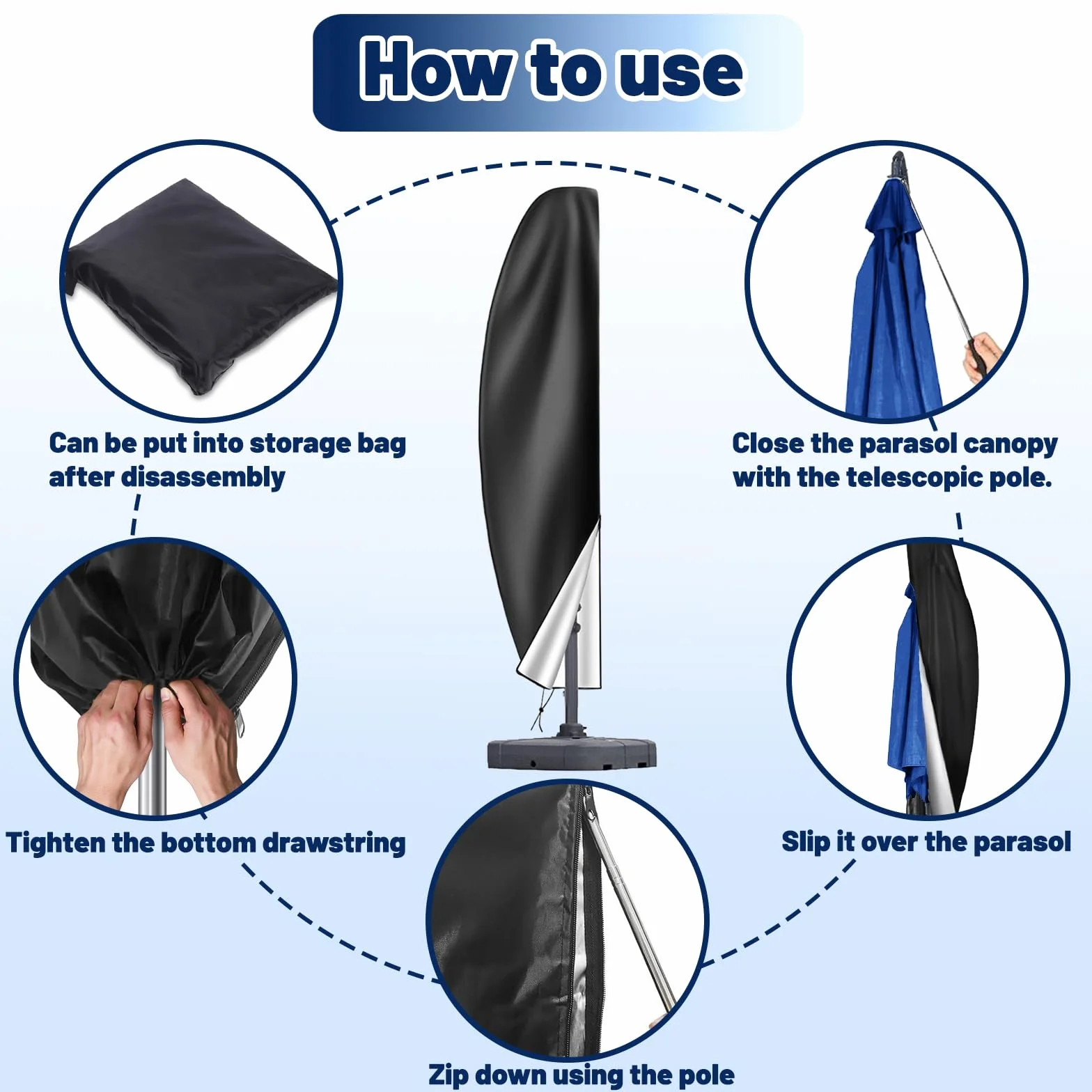 Housse de Parasol Déporté en Tissu Oxford 210D, Protection Anti-UV Imperméable, Fermeture éclair, Perche Télescopique, 265cm