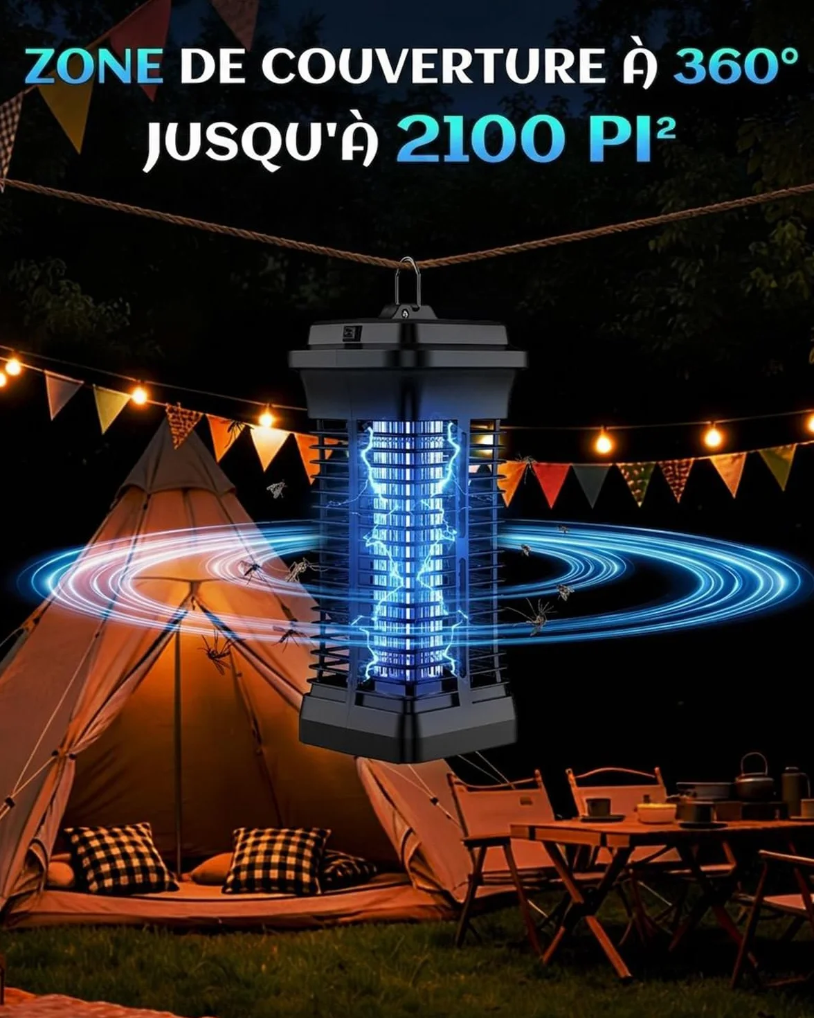 Lampe Anti Moustique Électrique 4200V, Zappeur d'Insectes UV, Tue Mouche Intérieur Extérieur IPX4 avec Crochet de Suspension