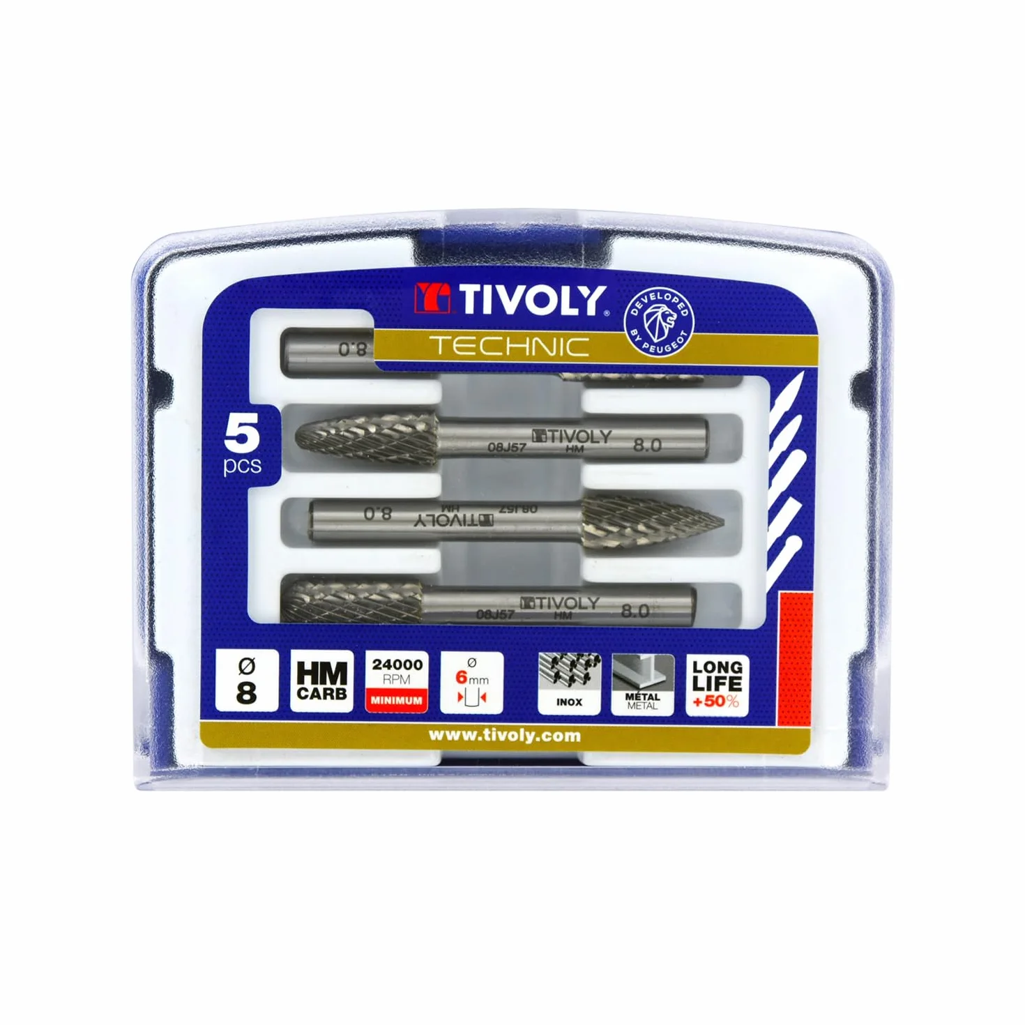 TIVOLY - Coffret de 5 Fraises Limes Ø8 mm pour Métaux - Queue Cylindrique Ø6 mm - Tête Carbure de Tungstène - Denture Brise-Copeaux
