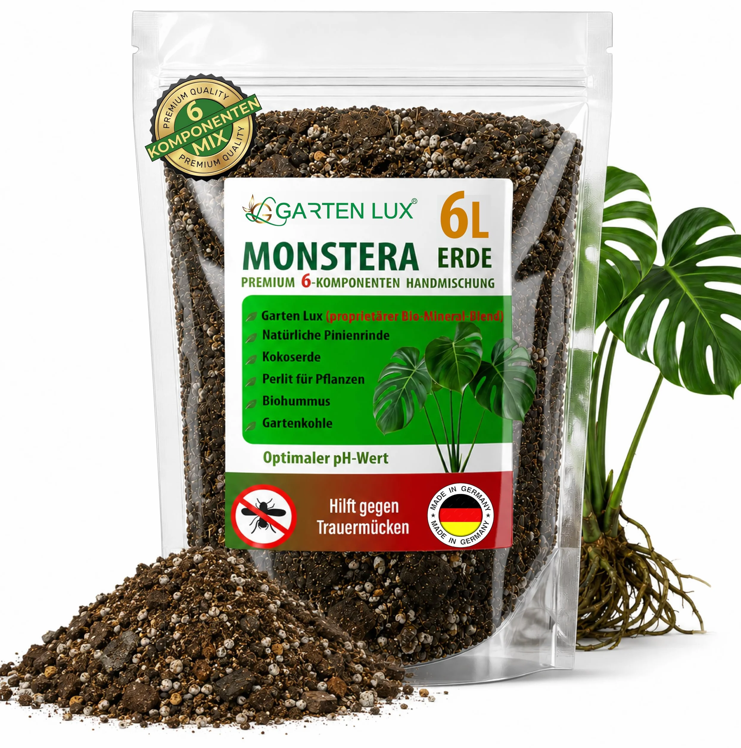 Monstera Terreau sans tourbe 6 en 1 contre les sciarides - Substrat aroïde - Terreau de coco, perlite, écorce de pin, biohumus, charbon de jardin