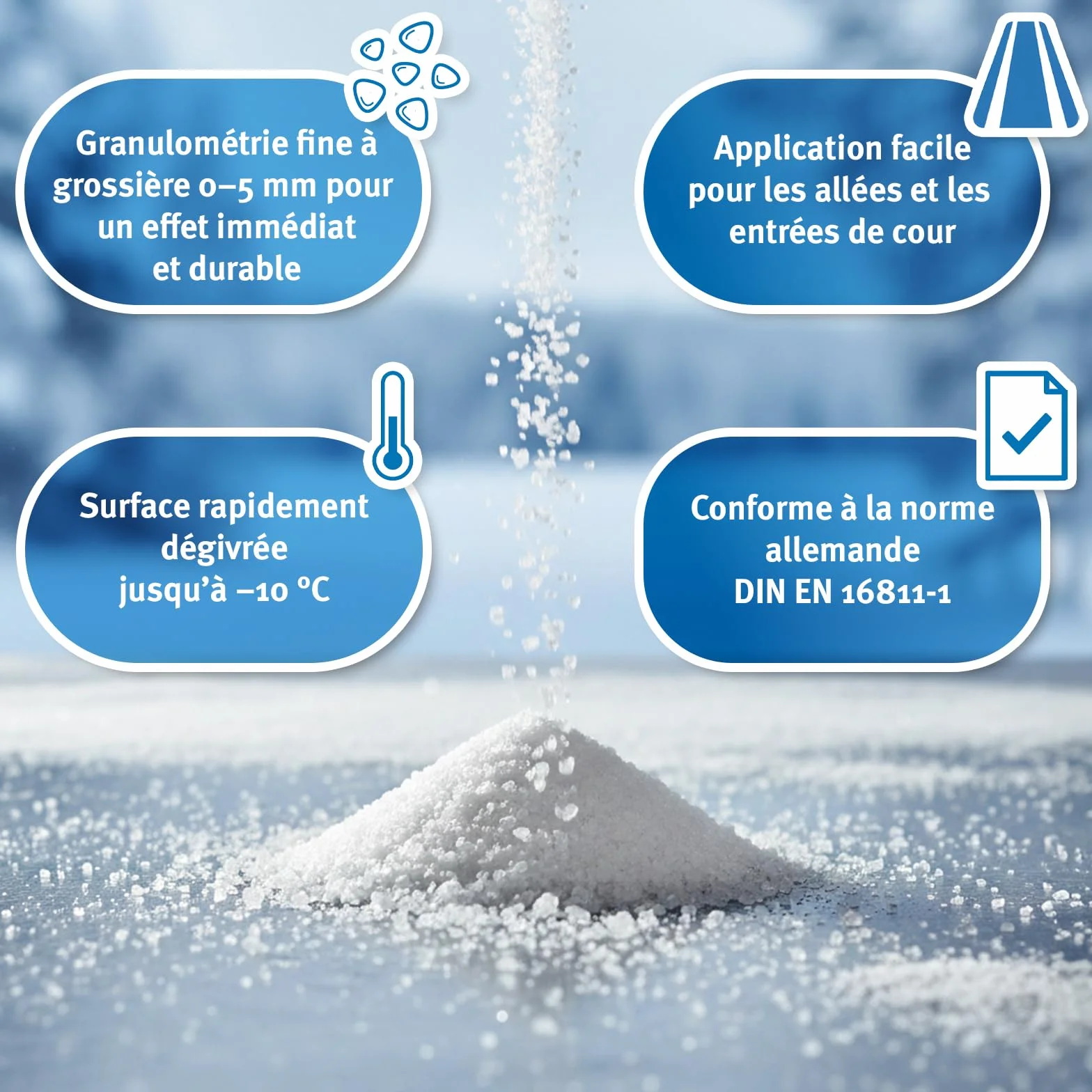 Sel de déneigement 30kg DIN EN 16811-1 granulométrie M contre le verglas pour trottoirs allées parkings