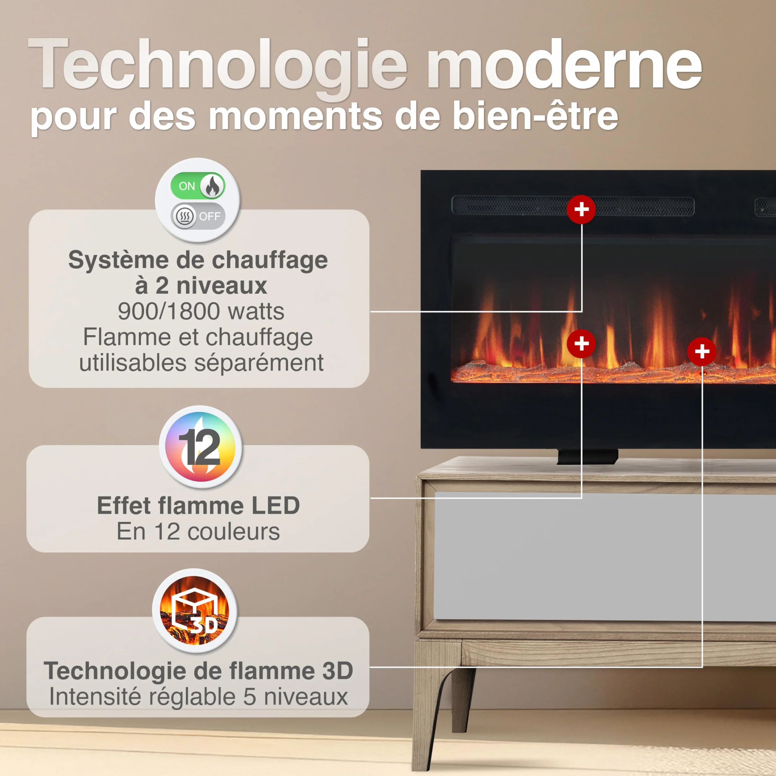 KAMINIO Cheminée Electrique Marlon - Cheminée Électrique 3-en-1 avec Chauffage, Effet de Flamme 3D, 12 Couleurs de Flammes, télécommande (60 Pouces)