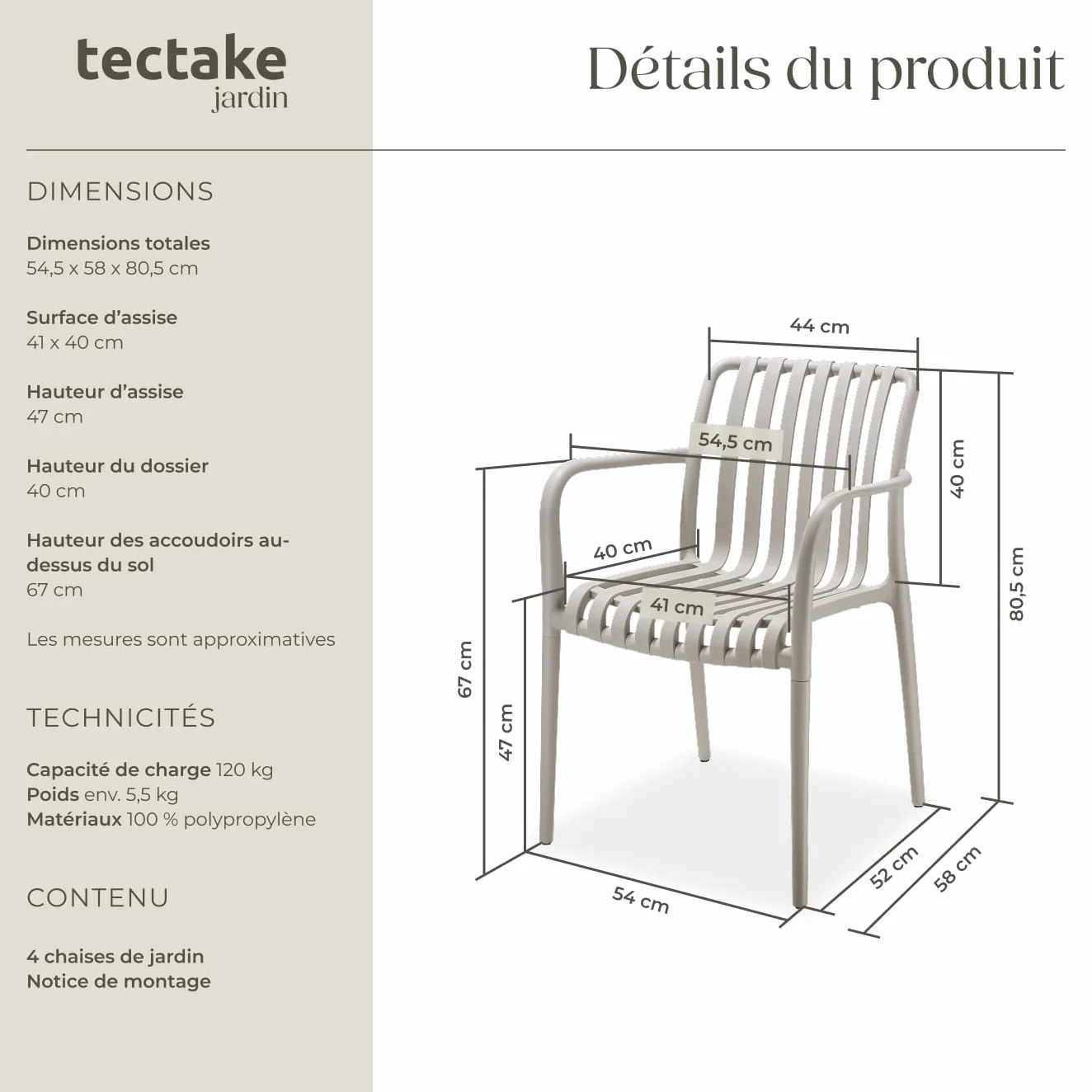 Tectake Lot de 4 Chaise de Jardin Fauteuil Salon extérieur empilable avec Accoudoirs résistant aux intempéries