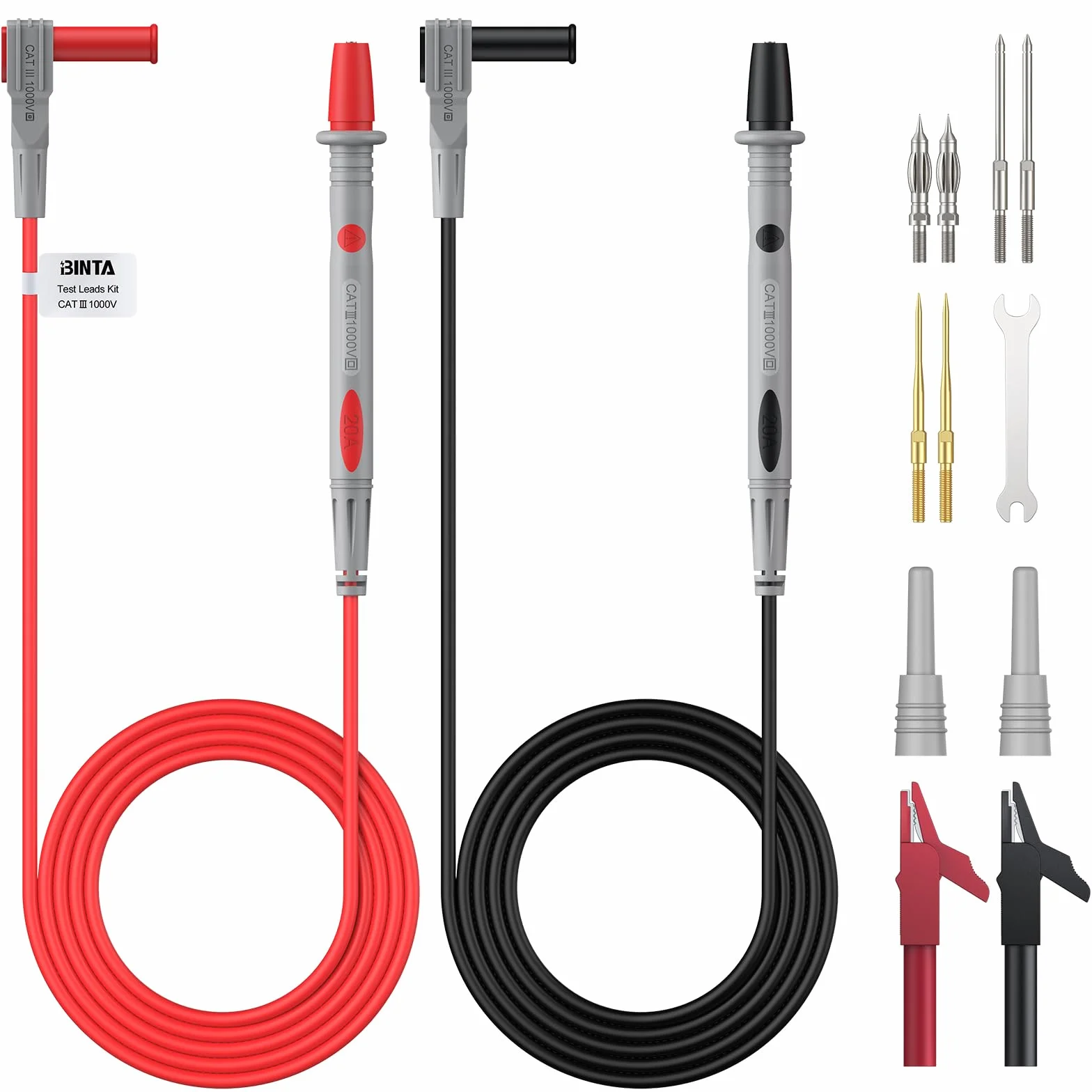 BINTA Cordons de Test Multimètre CAT III 1000V 20A, 1m Câbles avec Fiches Banane 4mm Isolées, Pointes Interchangeables 1/2/4mm (Plaquées Or), Pinces Crocodile, Capuchons