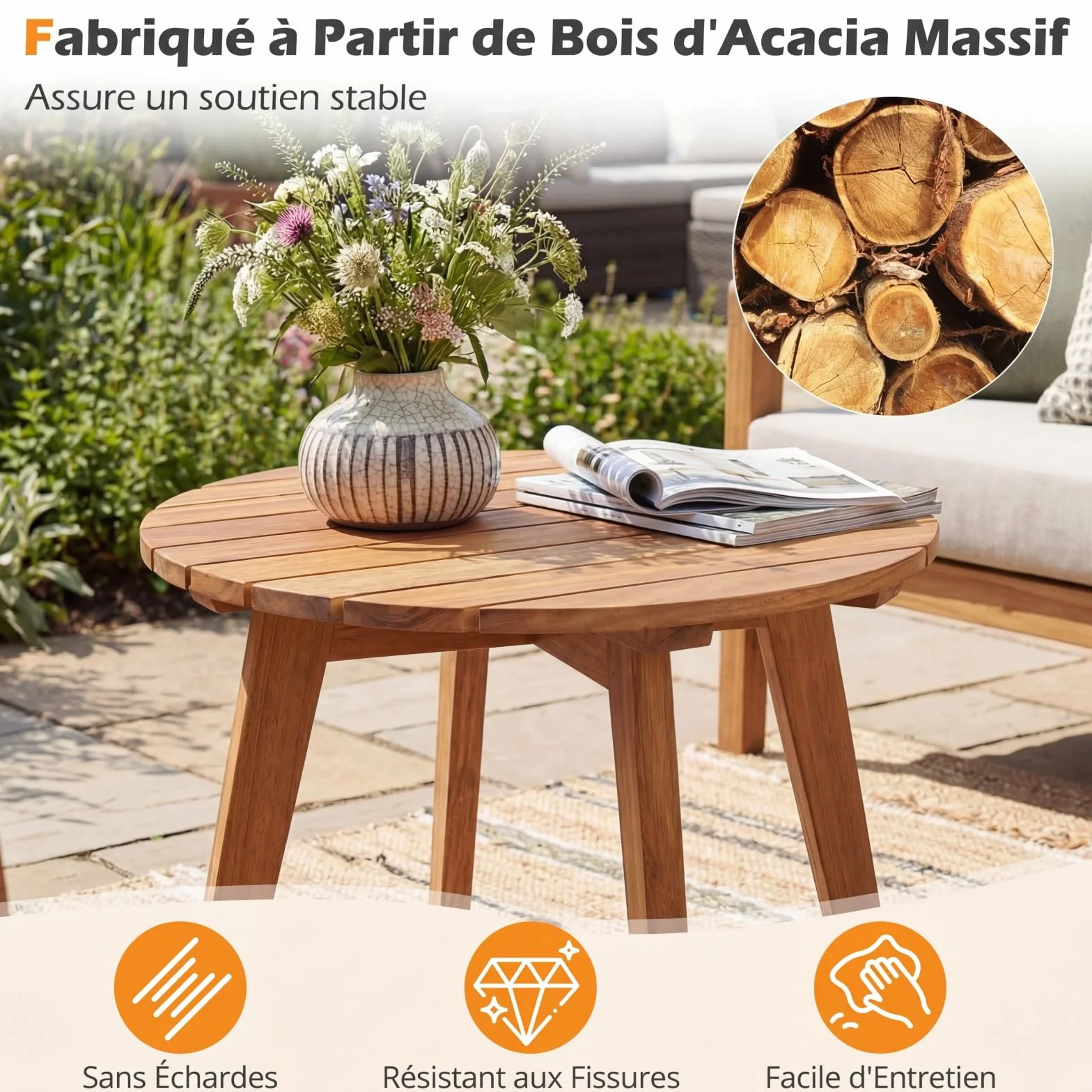COSTWAY Table d'Appoint Extérieure en Bois d'Acacia, Table Bistro de Jardin Ronde 43 x 75 cm