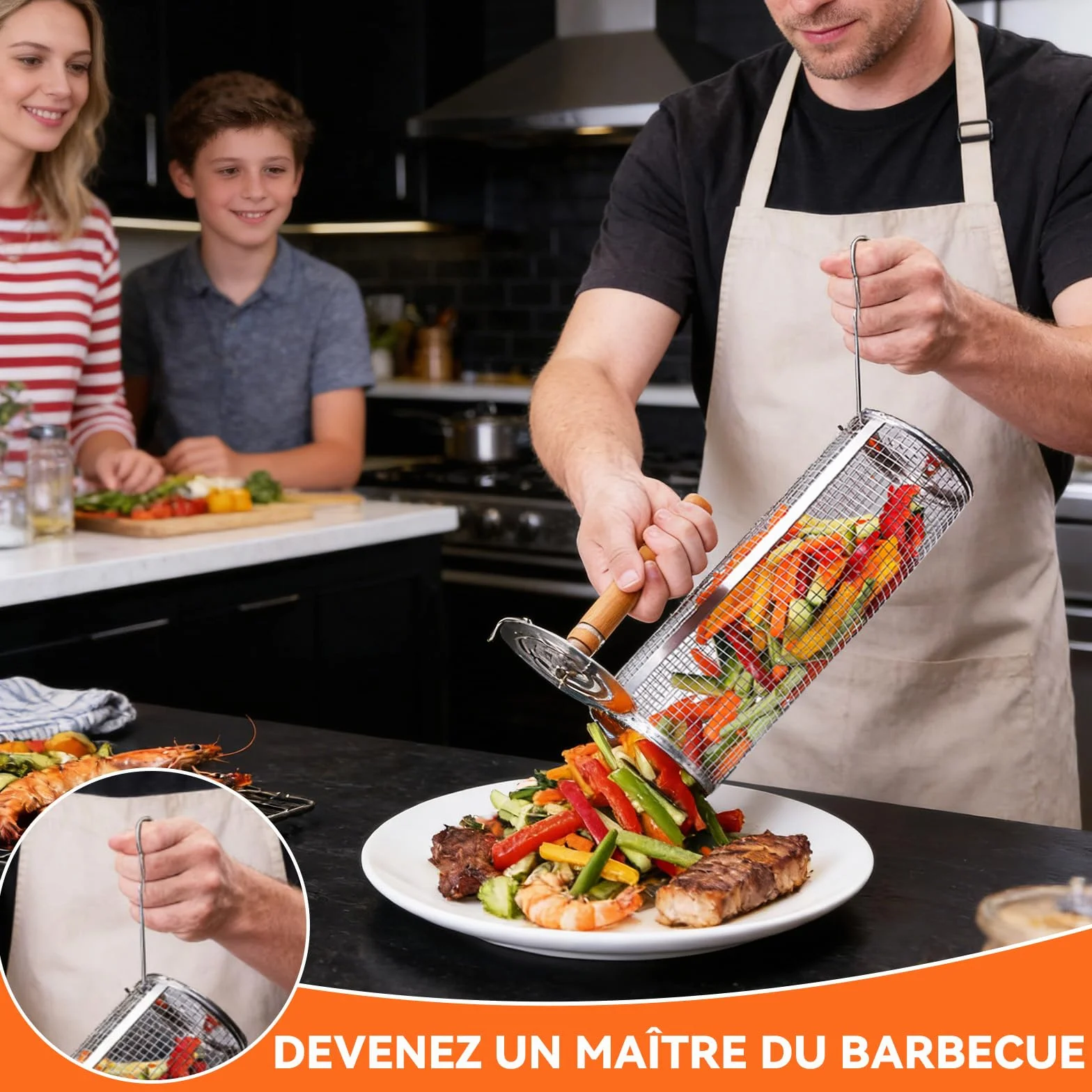 Set de Panier de Barbecue en Acier Inoxydable avec Poignée en Bois 2 Paniers Tournants Pliables 31x10cm 30x9cm