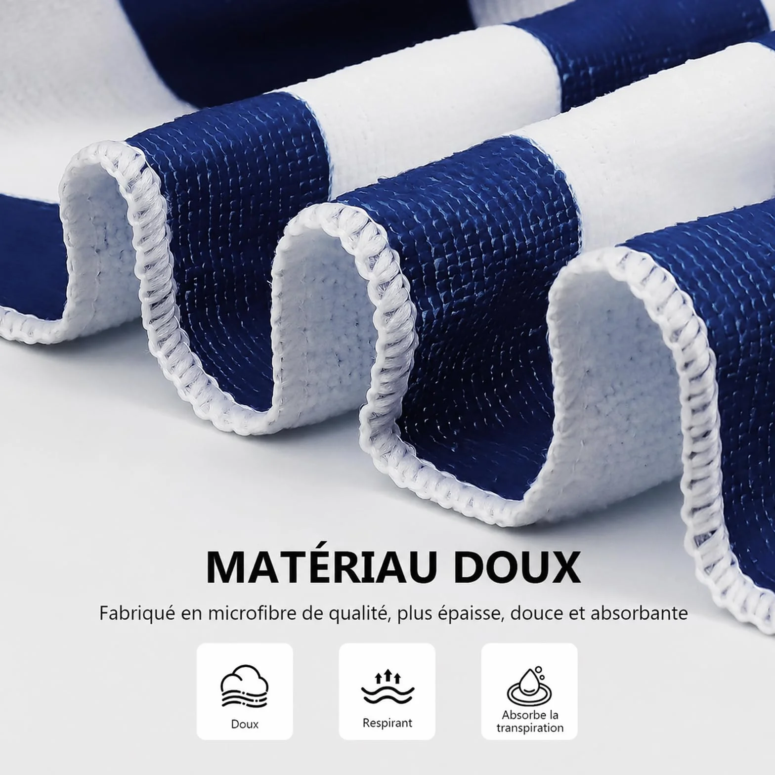 Housses de Chaise de Plage en Microfibre 210 x 73 cm, Serviettes de Transat avec Poches Latérales, Rayées Bleu et Blanc