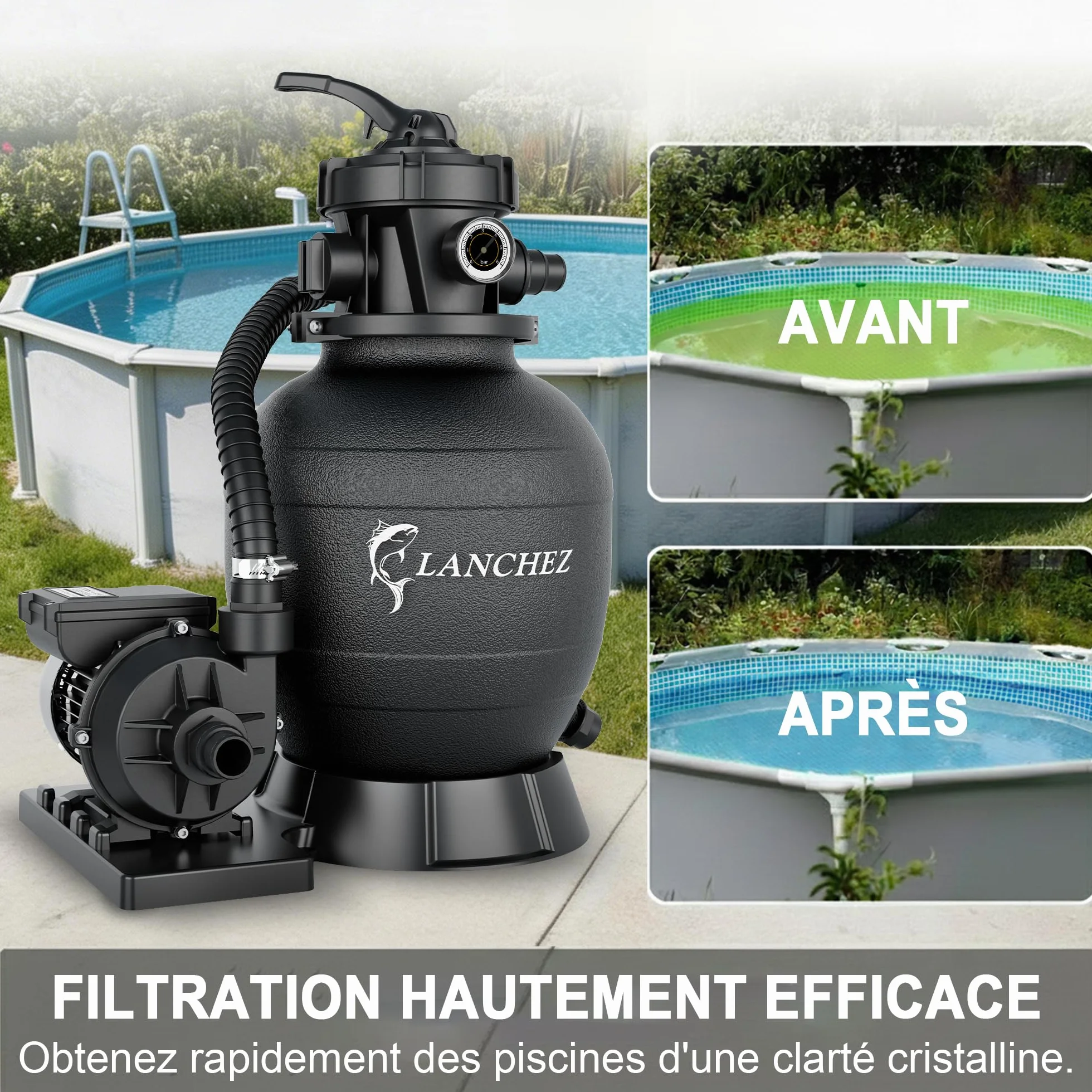 LANCHEZ Filtre Piscine à Sable 9 m³/h Pompe 250 W Vanne 7 Voies Manomètre Adaptateurs Ø32/38 mm Billes Filtrantes