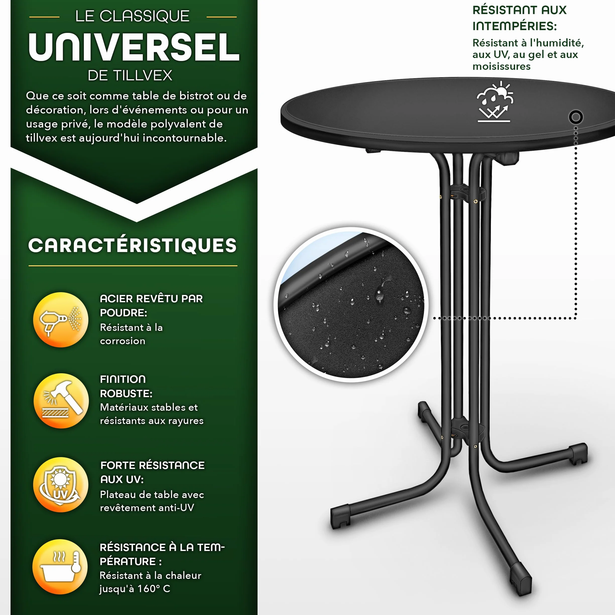 Tillvex Table haute Gastro pliable 70 cm - Table de bistrot ronde résistante aux intempéries