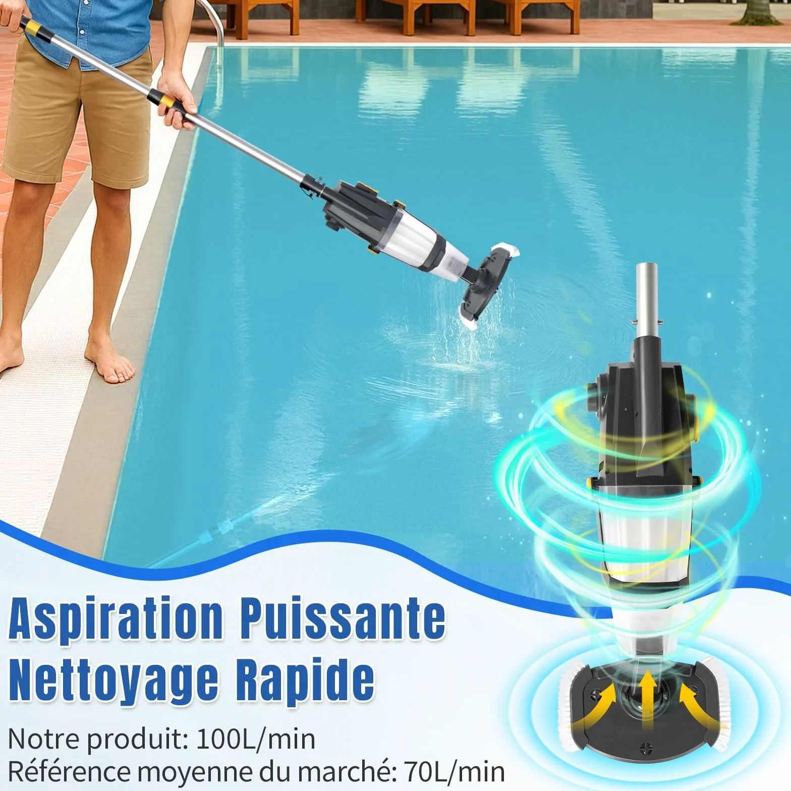 LEADZM Aspirateur Piscine sans Fil 4500mAh 100L/Min Autonomie 60 Min 190×23,7×17cm