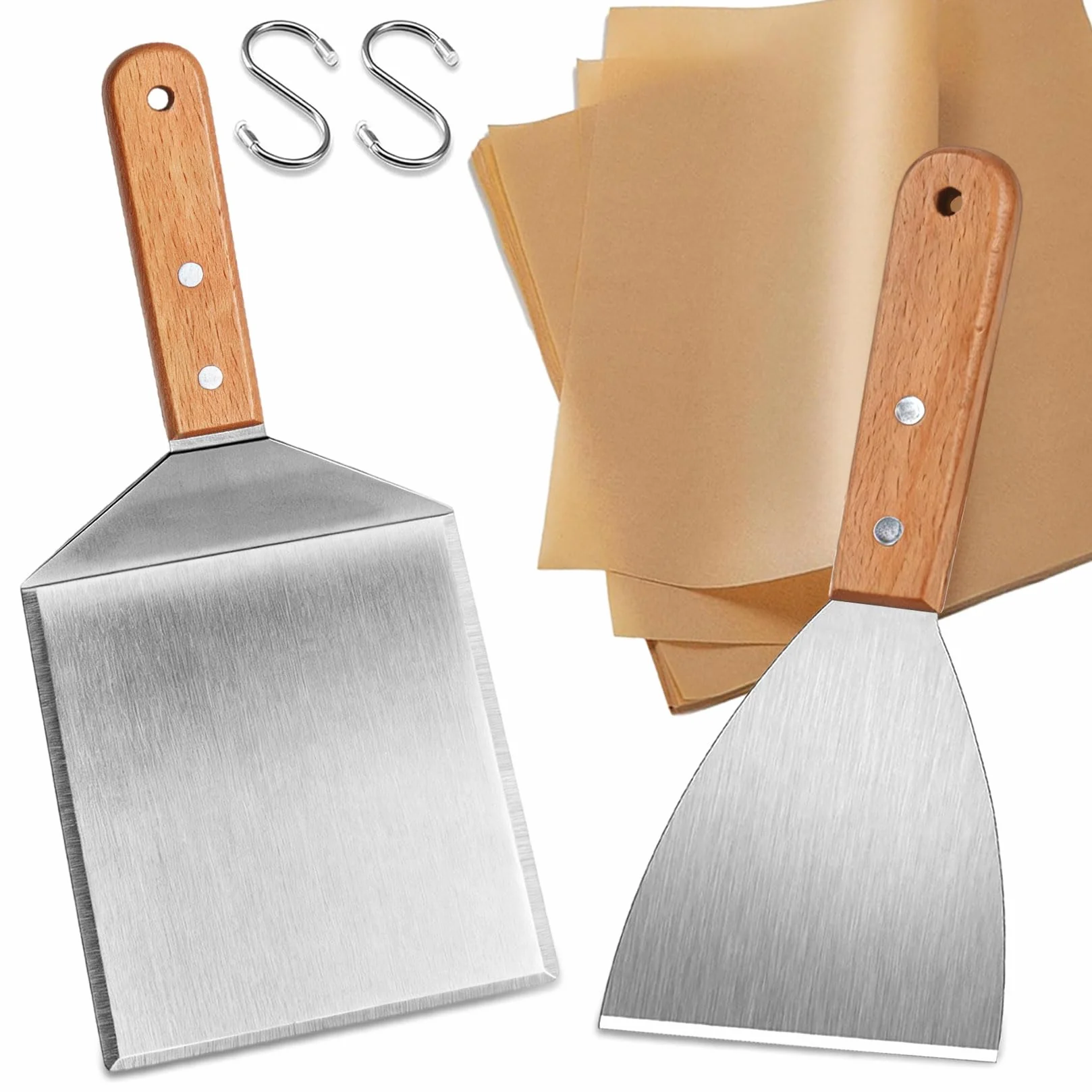 Spatule Plancha Inox avec Manche en Bois pour Barbecue Smash Burger BBQ Ustensile de Cuisine - 2 Pièces