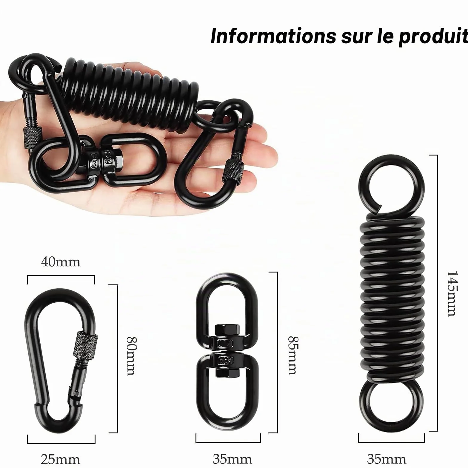 Ressort oscillant pour fauteuil suspendu 250 kg avec mousquetons et crochet pivotant 360°