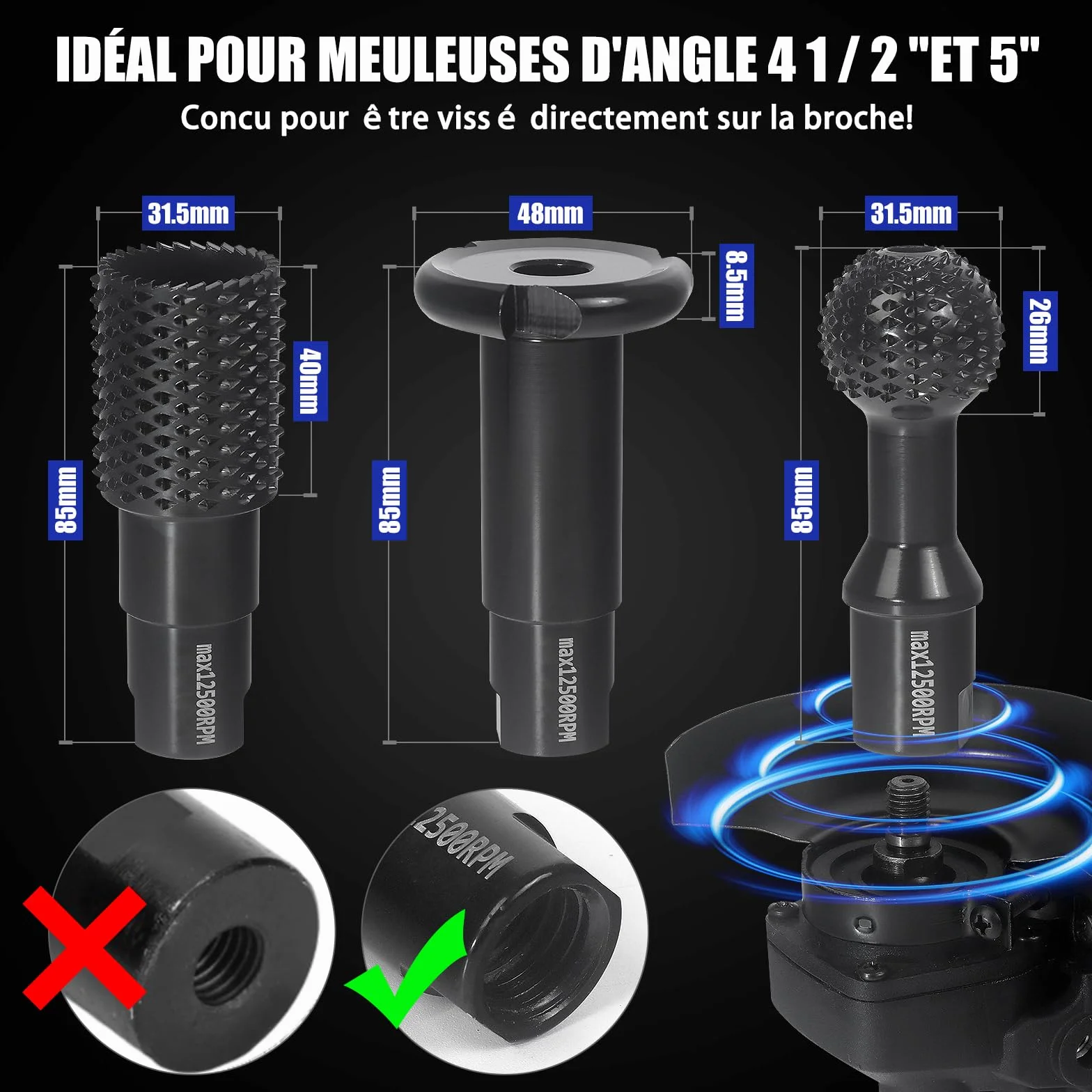 Pomsare Fraise à Bois - Disques Meuleuse Sculpture Bois, Set de 3 Burrs Rotatifs, Gouge et Ciseaux à Bois pour Meuleuses 115/125 - Outils de Coupe,Menuiserie Outillage