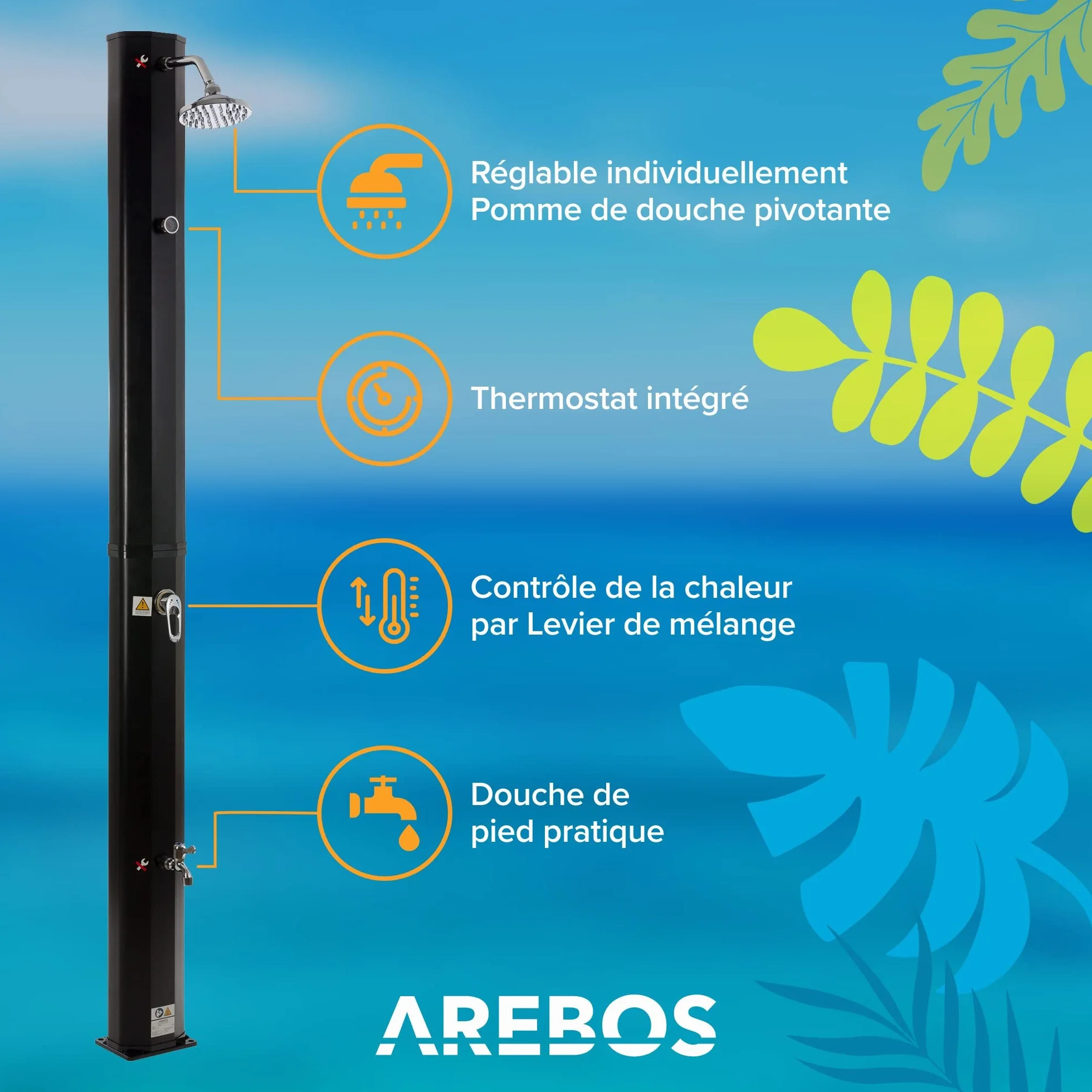 AREBOS Douche Solaire 35 litres 216cm avec thermomètre intégré Noir