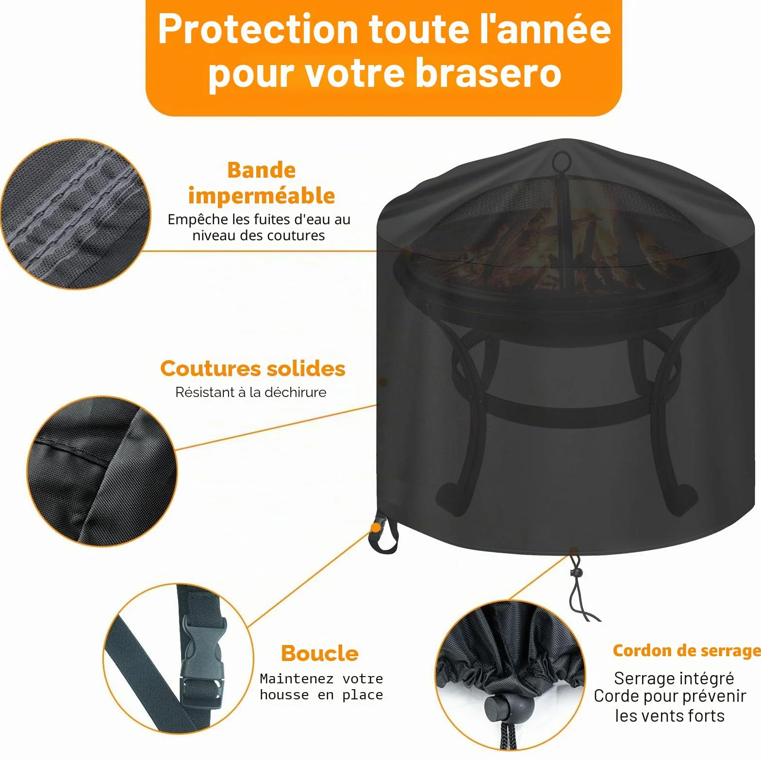 Housse de Protection pour Braséro Rond 90 x 60cm, 500D Oxford, Imperméable, Noir