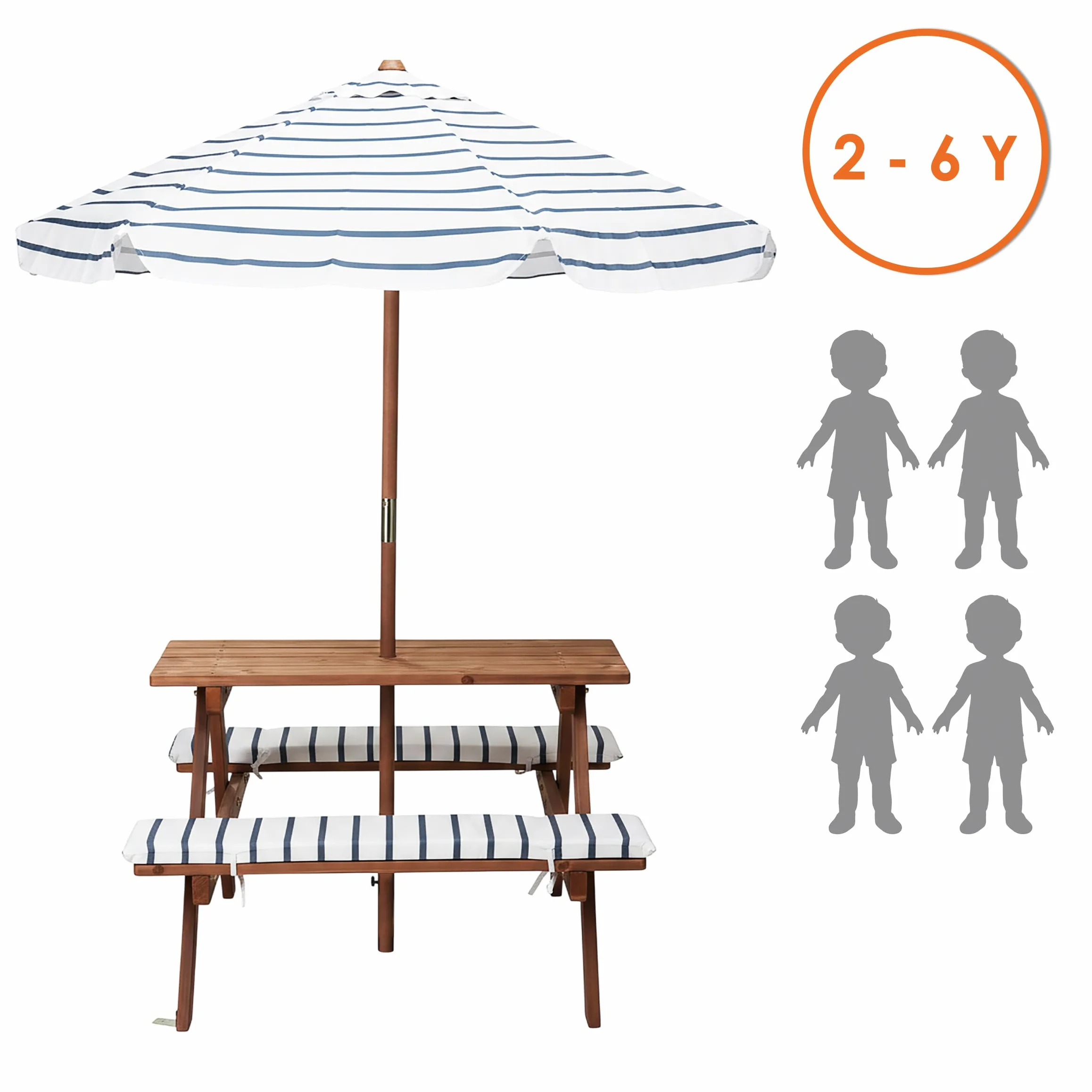 Table de pique-nique en bois pour enfants 75 x 75 cm avec parasol et coussins résistant jusqu'à 80 kg