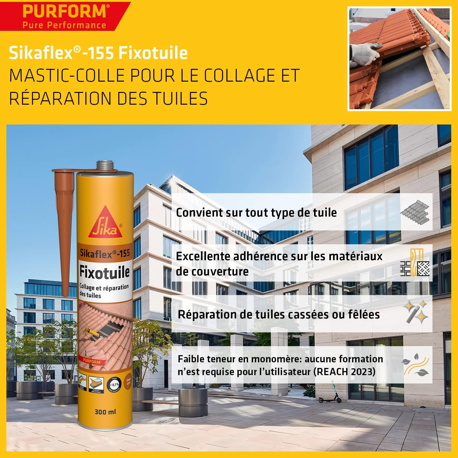 SIKA - Mastic-colle souple polyuréthane - Sikaflex-155 Fixotuile Purform terre cuite - Réparation et collage de tuiles - Tous types de tuiles - 300 ml