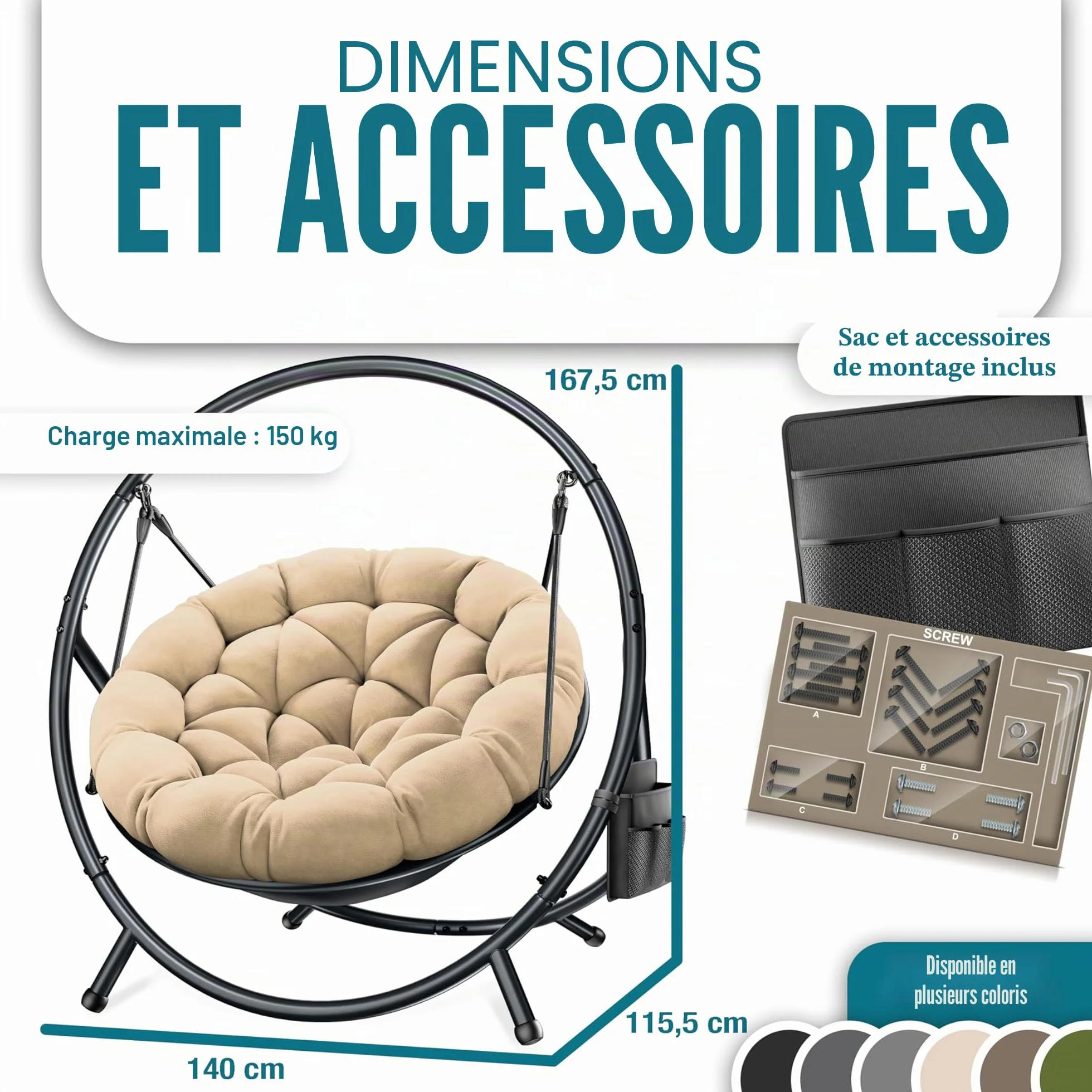 KESSER Fauteuil suspendu Bali balançoire chaise 150 kg acier intérieur extérieur coussin poche latérale