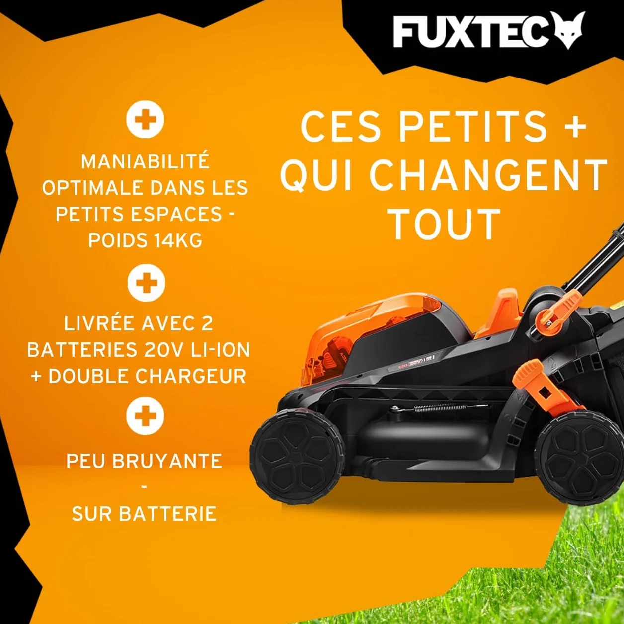 FUXTEC FX-E1RM20-33 cm Tondeuse à Gazon à Batterie 40V (2X20V) Set avec 2 Batteries 2Ah et Double Chargeur 2,4A