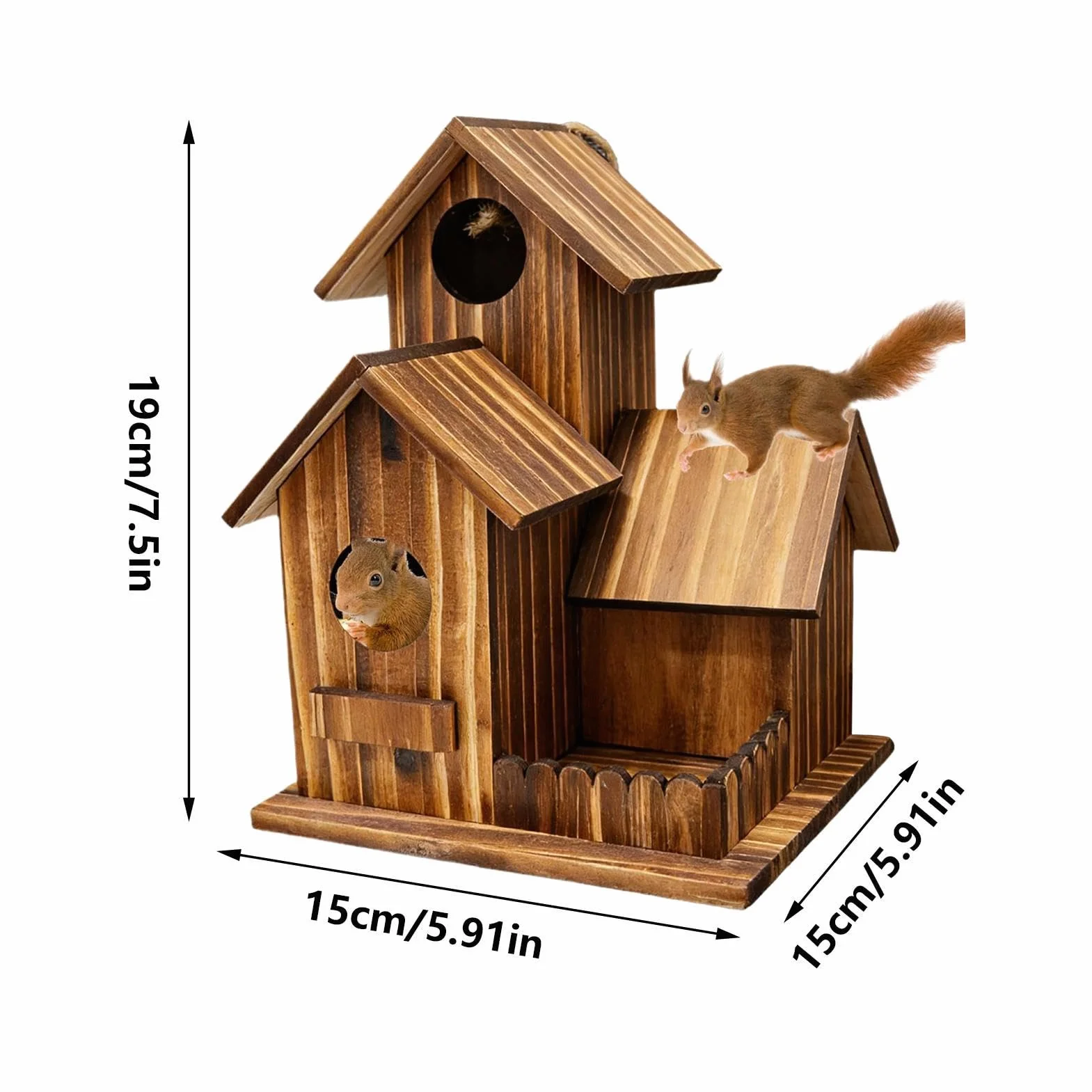 Eichhörnchen-Futterstation Drei-Kammer-Design Holz Futterhaus Streifenhörnchen Feeder mit Flexiblem Dach Wetterfestes Natur-Echtholz Haus