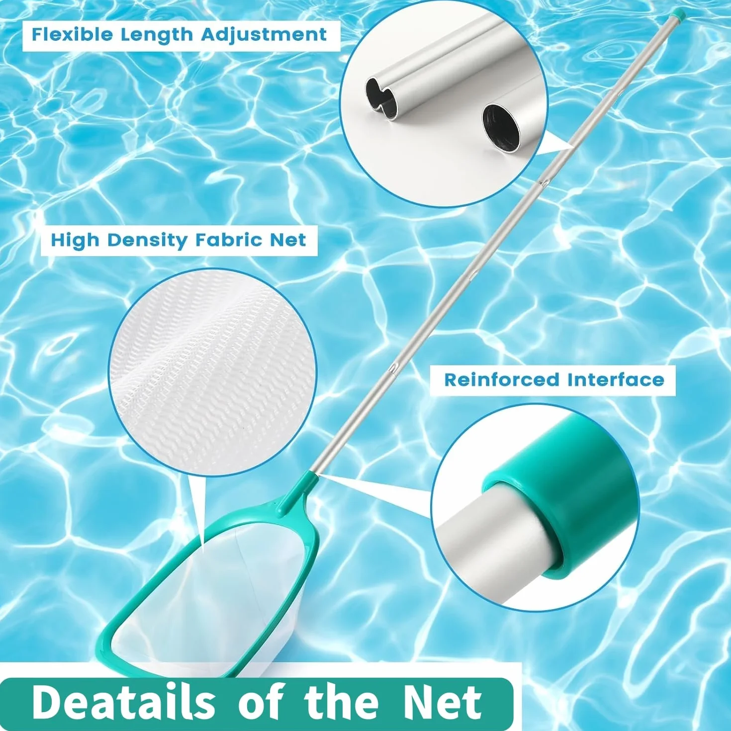 KAHEIGN 160CM Épuisettes de Surface pour Piscine, Filet de Nettoyage Feuilles avec 4 Poteaux Aluminium