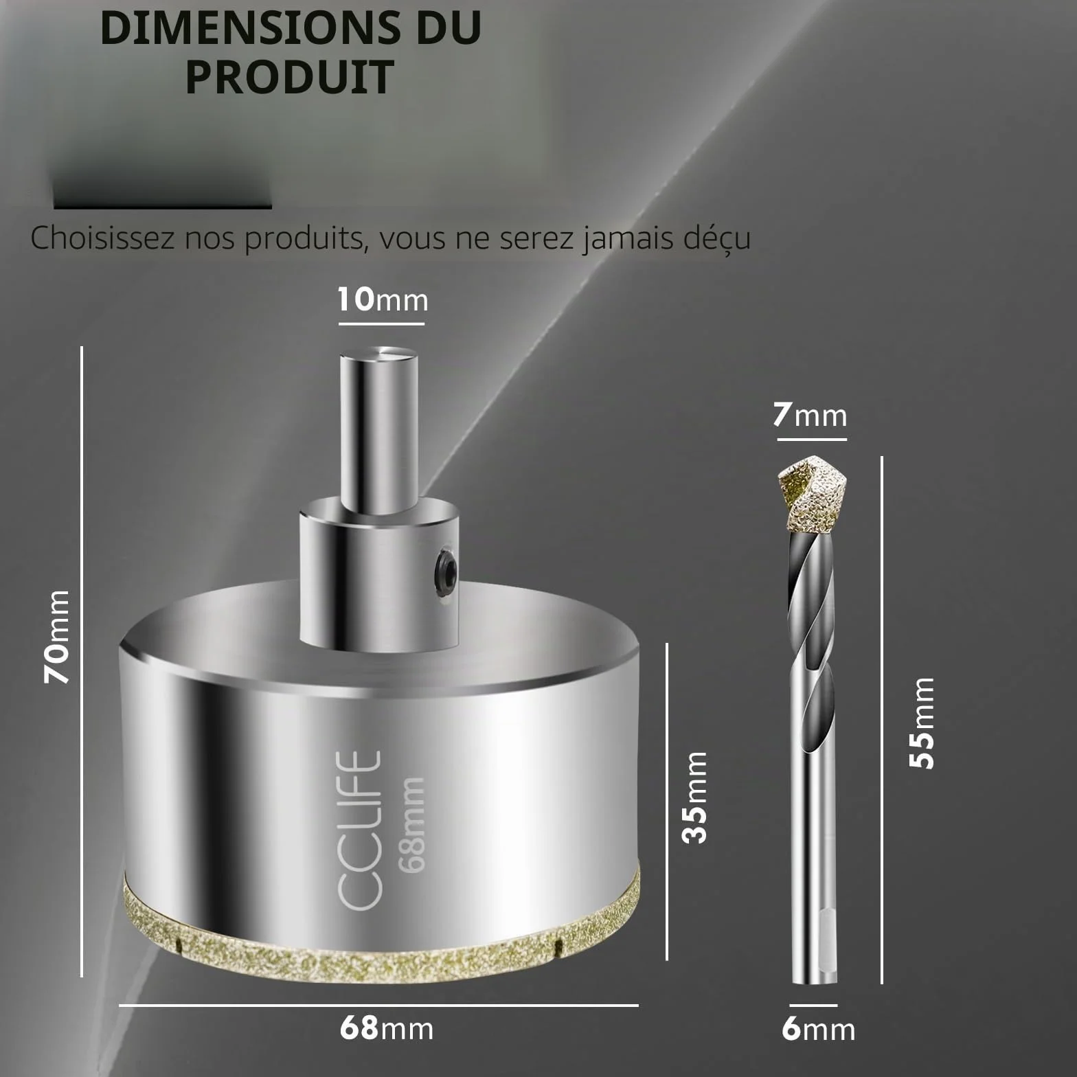 CCLIFE Scie Cloche Diamantée 68mm, Foret Diamanté avec Foret de Centrage, Idéal pour Coupe de Verre, Carrelage, Céramique, Granit, Marbre, Revêtement en Diamant Durable